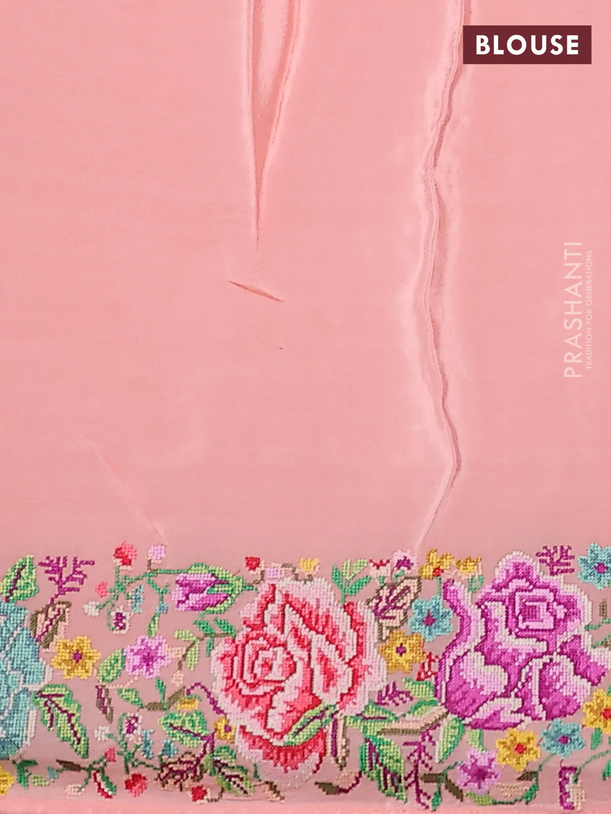Pure organza silk saree peach shade with embroidery work buttas and floral design embroidery border - Image 4