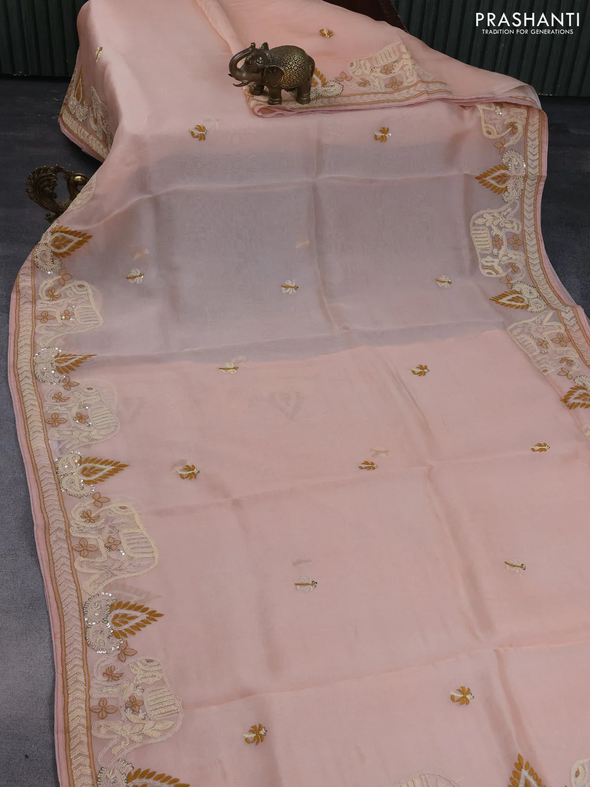 Pure organza silk saree peach shade with embroidery work buttas and kantha stitch work border - Image 2