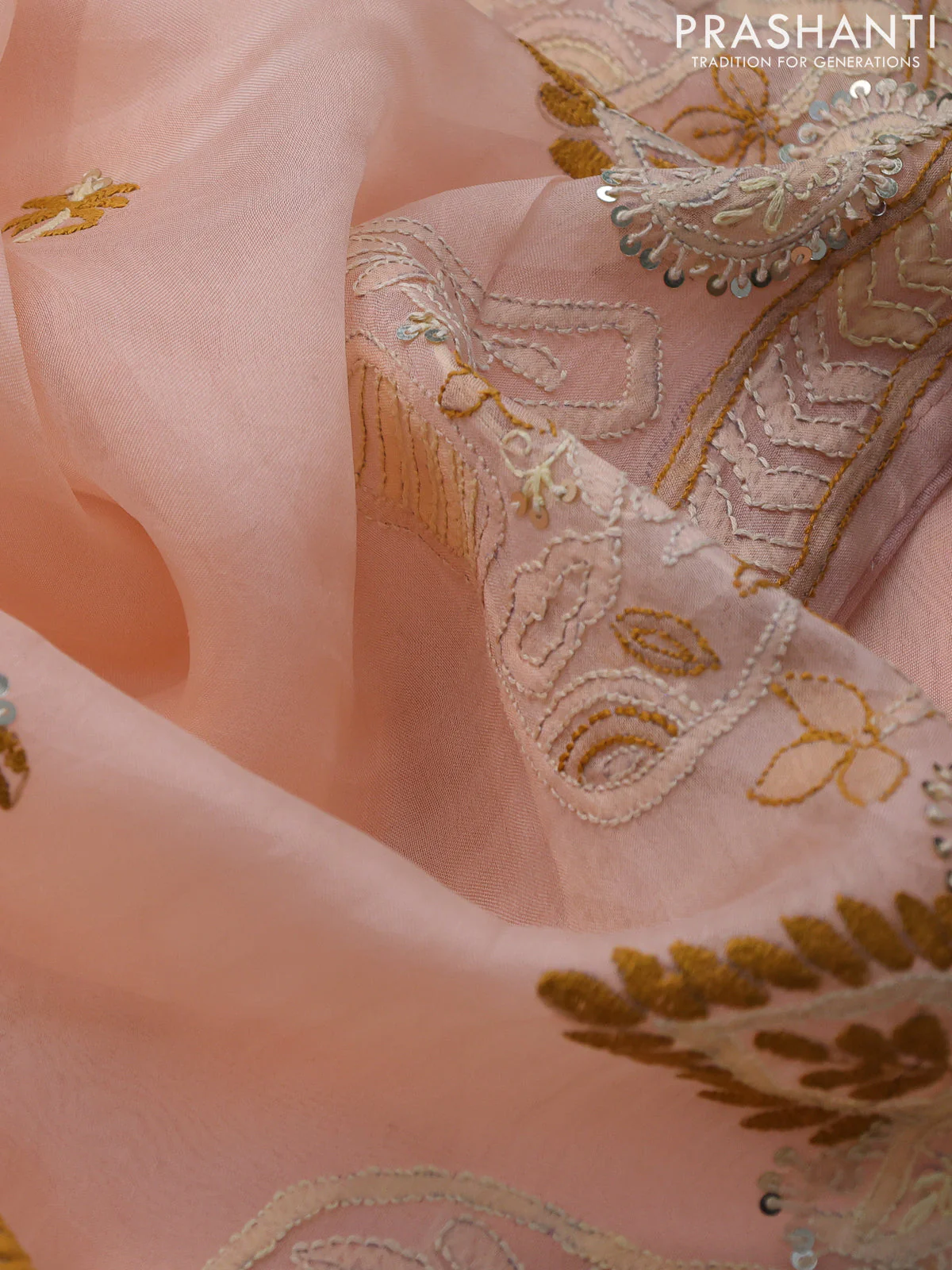 Pure organza silk saree peach shade with embroidery work buttas and kantha stitch work border - Image 3