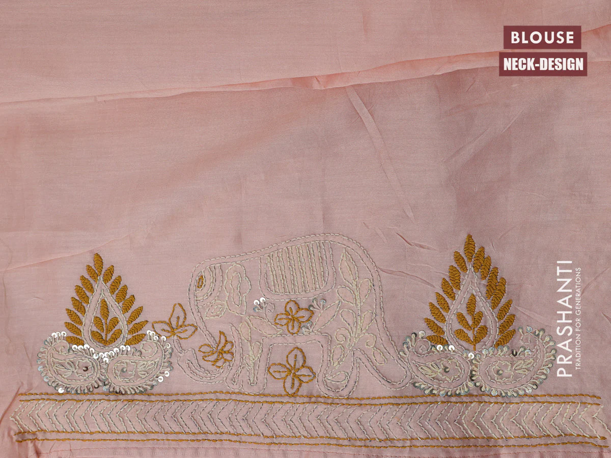 Pure organza silk saree peach shade with embroidery work buttas and kantha stitch work border - Image 4