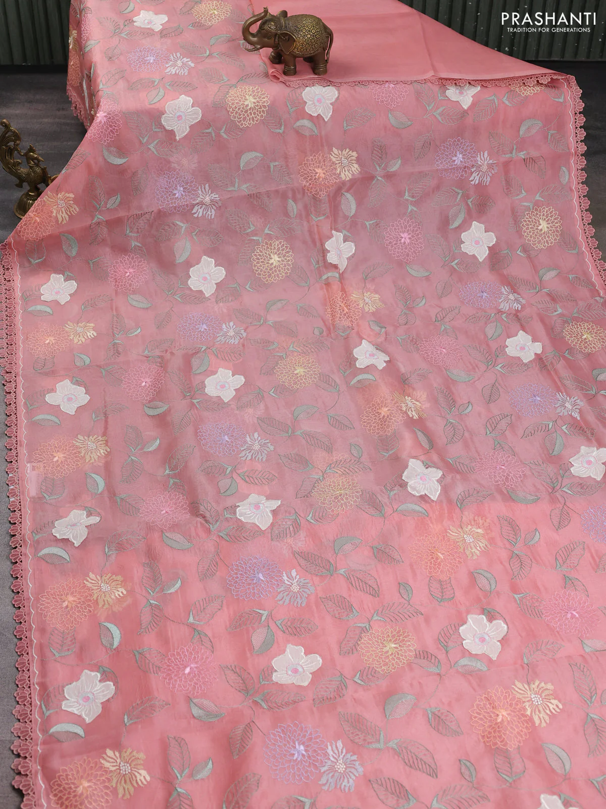 Pure organza silk saree peach shade with floral embroidery work and lace work border - Image 2
