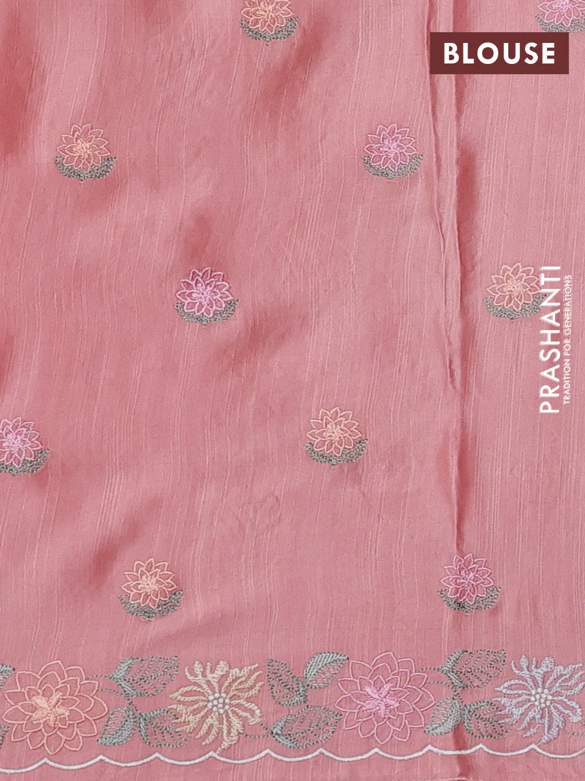 Pure organza silk saree peach shade with floral embroidery work and lace work border - Image 3