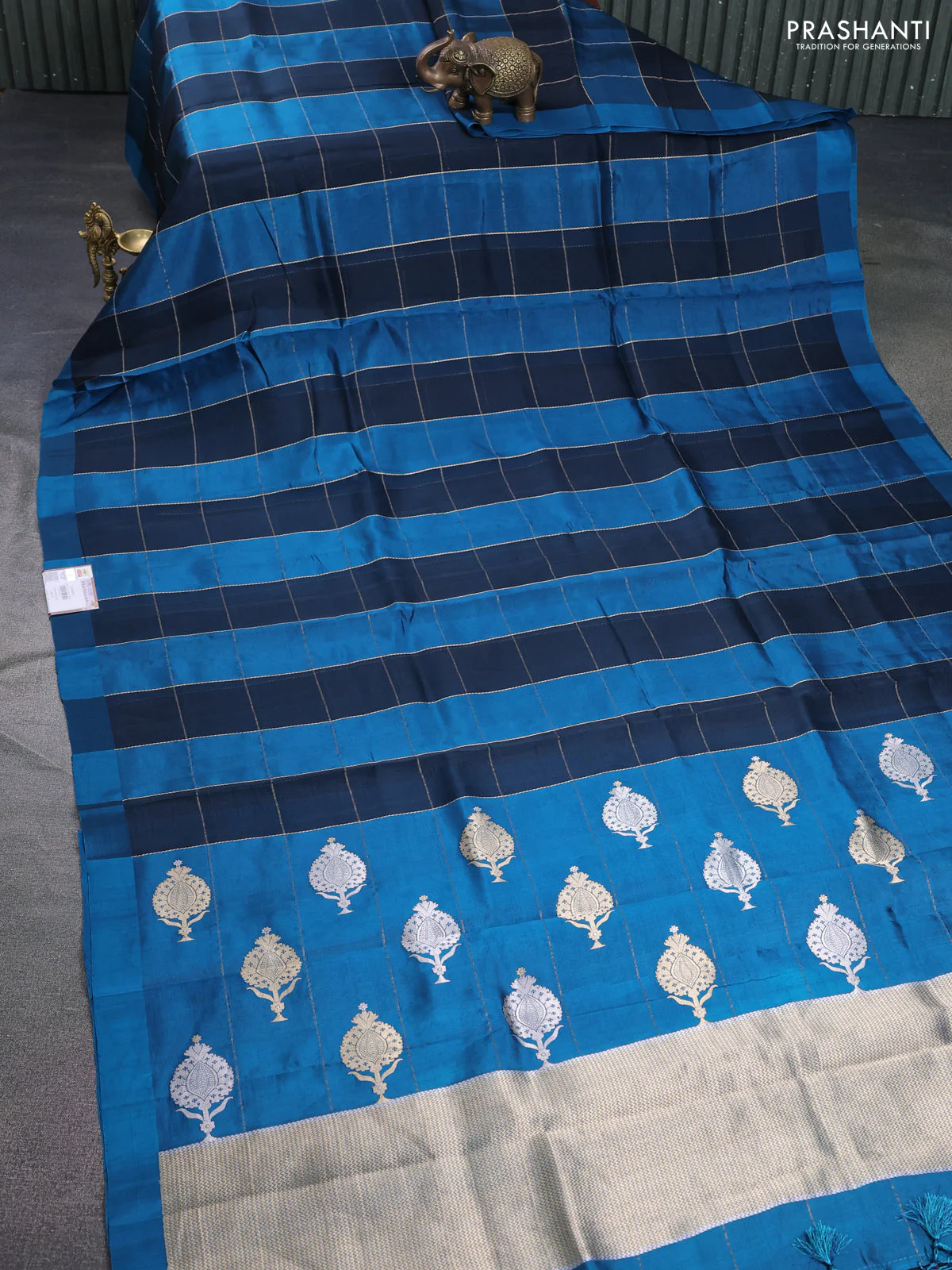 Pure organza silk saree peacock blue and cs blue with allover zari checks and simple border - Image 2