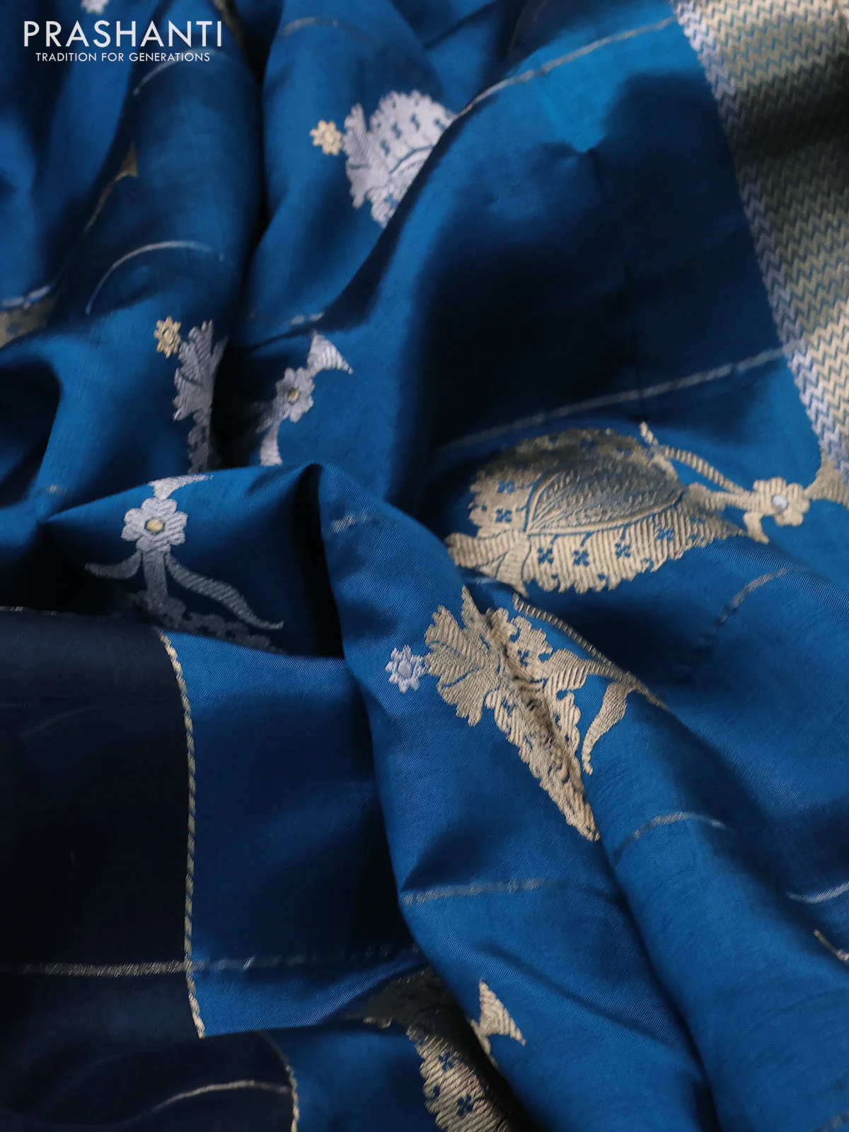 Pure organza silk saree peacock blue and cs blue with allover zari checks and simple border - Image 3