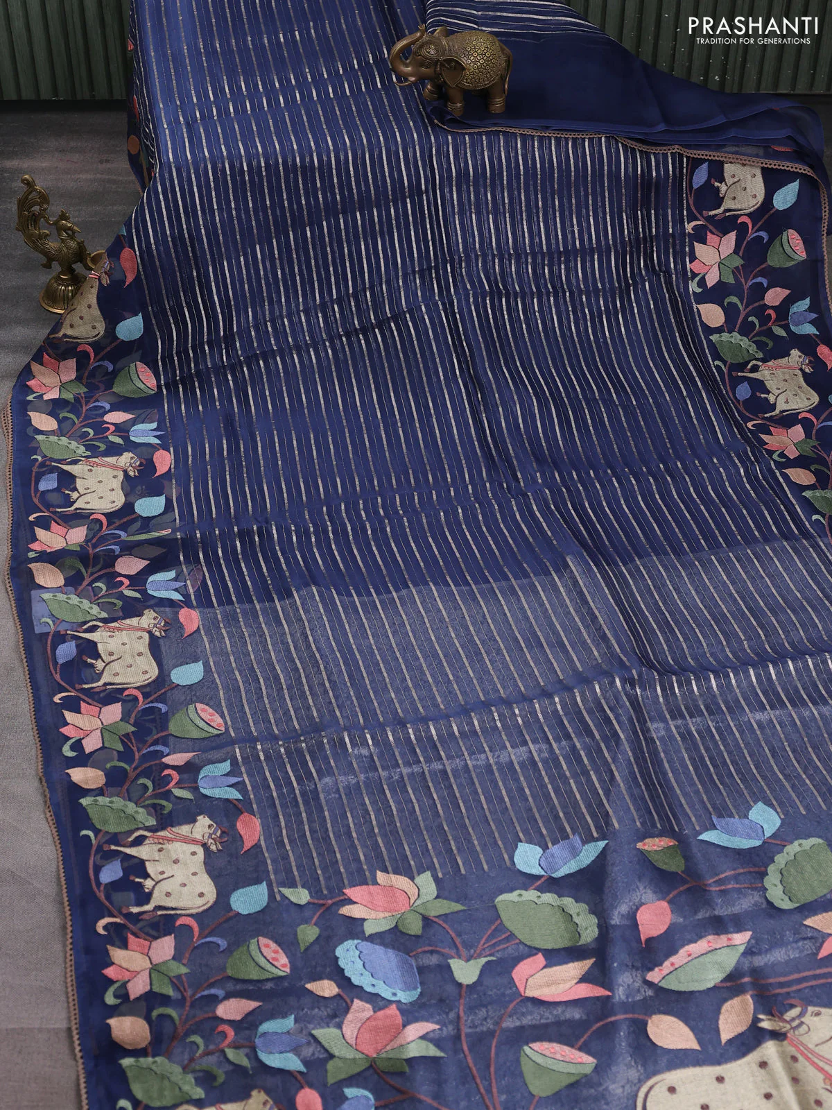 Pure organza silk saree peacock blue with allover silver zari weaves and pichwai embroidery border - Image 2