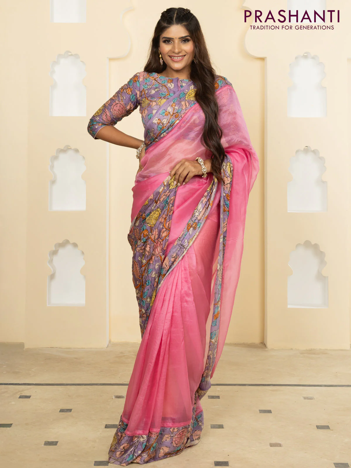 Pure organza silk saree pink and lavender with plain body and kalamkari printed pita work border - Image 4
