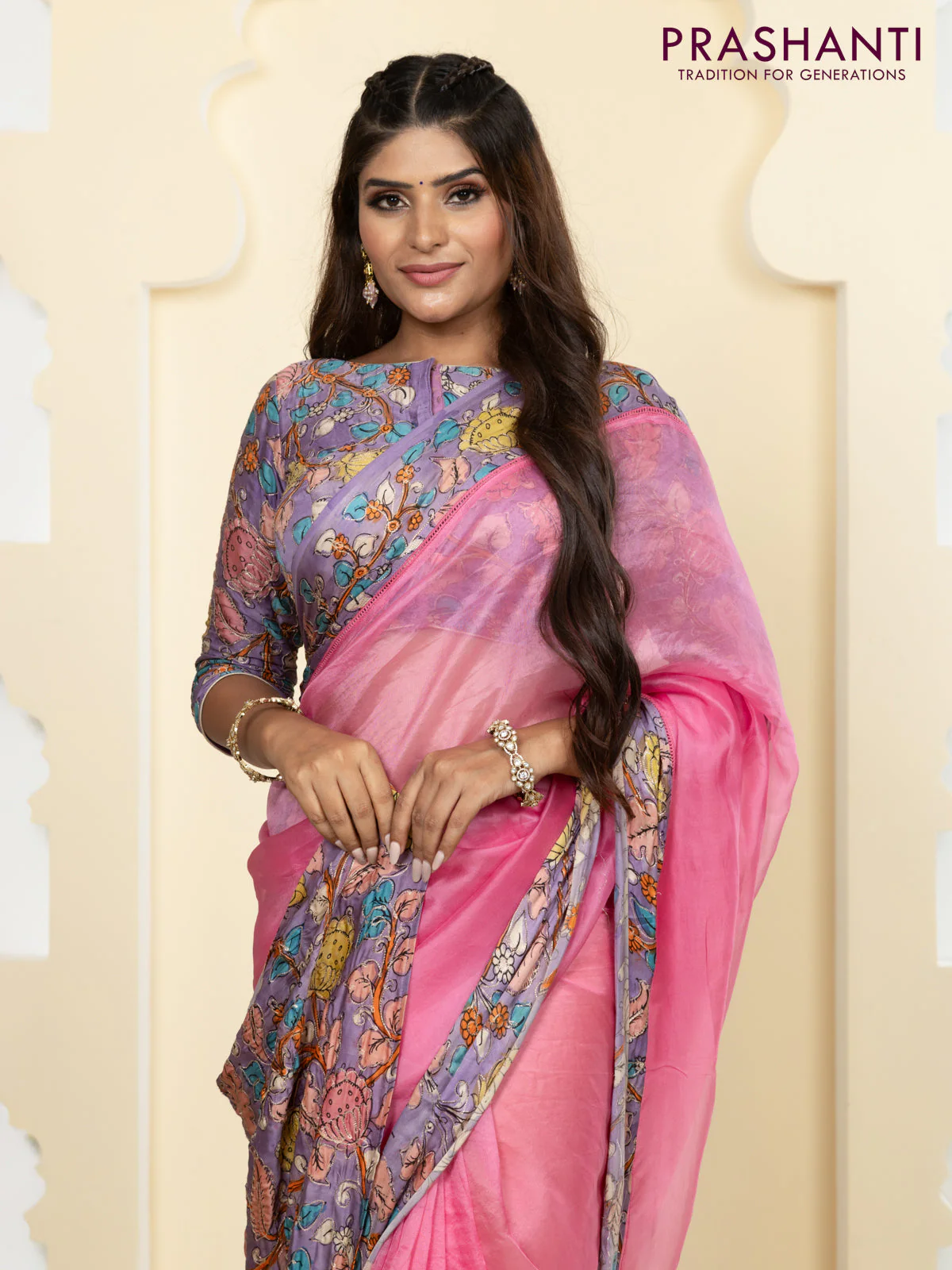 Pure organza silk saree pink and lavender with plain body and kalamkari printed pita work border - Image 5