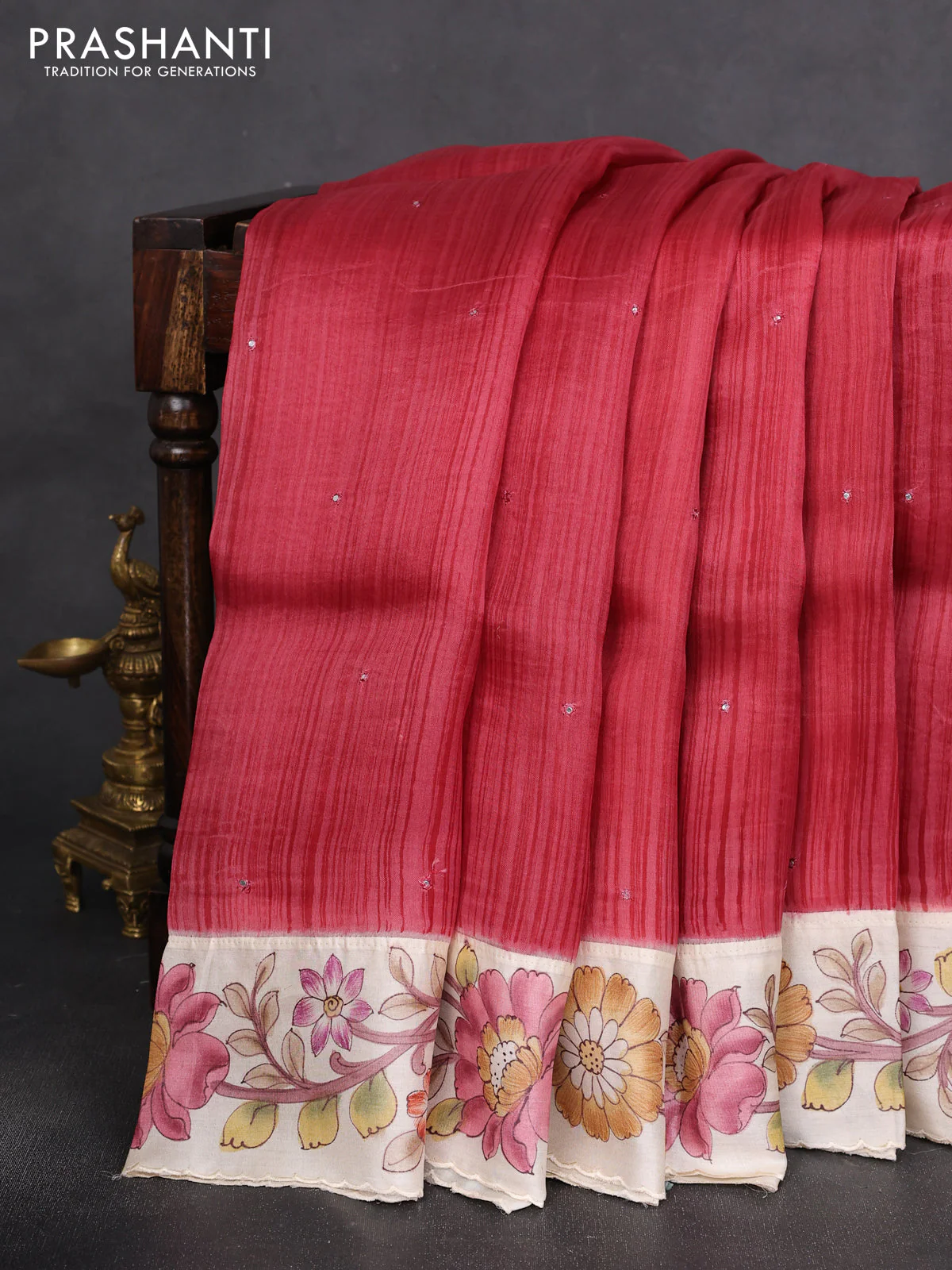 Pure organza silk saree pink shade and cream with allover stripe pattern & mirror embroidery and kalamkari hand painted border