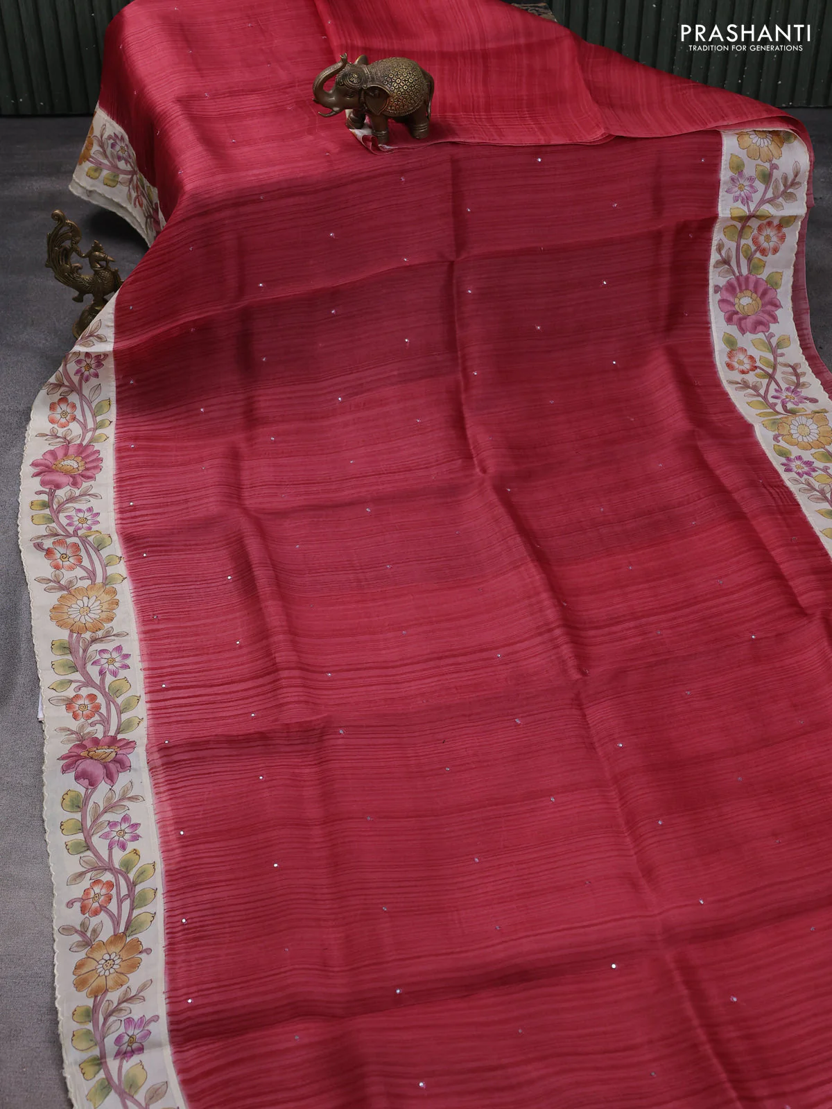 Pure organza silk saree pink shade and cream with allover stripe pattern & mirror embroidery and kalamkari hand painted border - Image 2