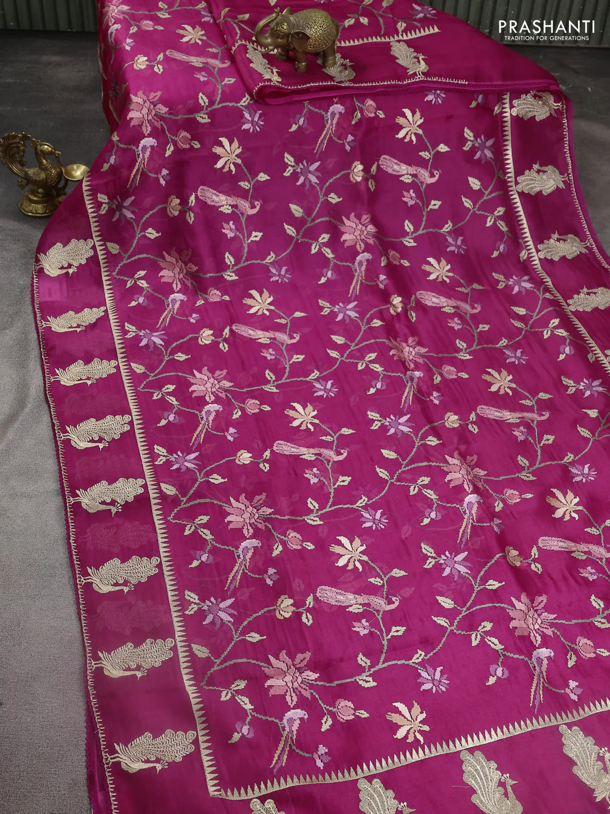 Pure organza silk saree pink with allover embroidery and zari woven butta border - Image 2