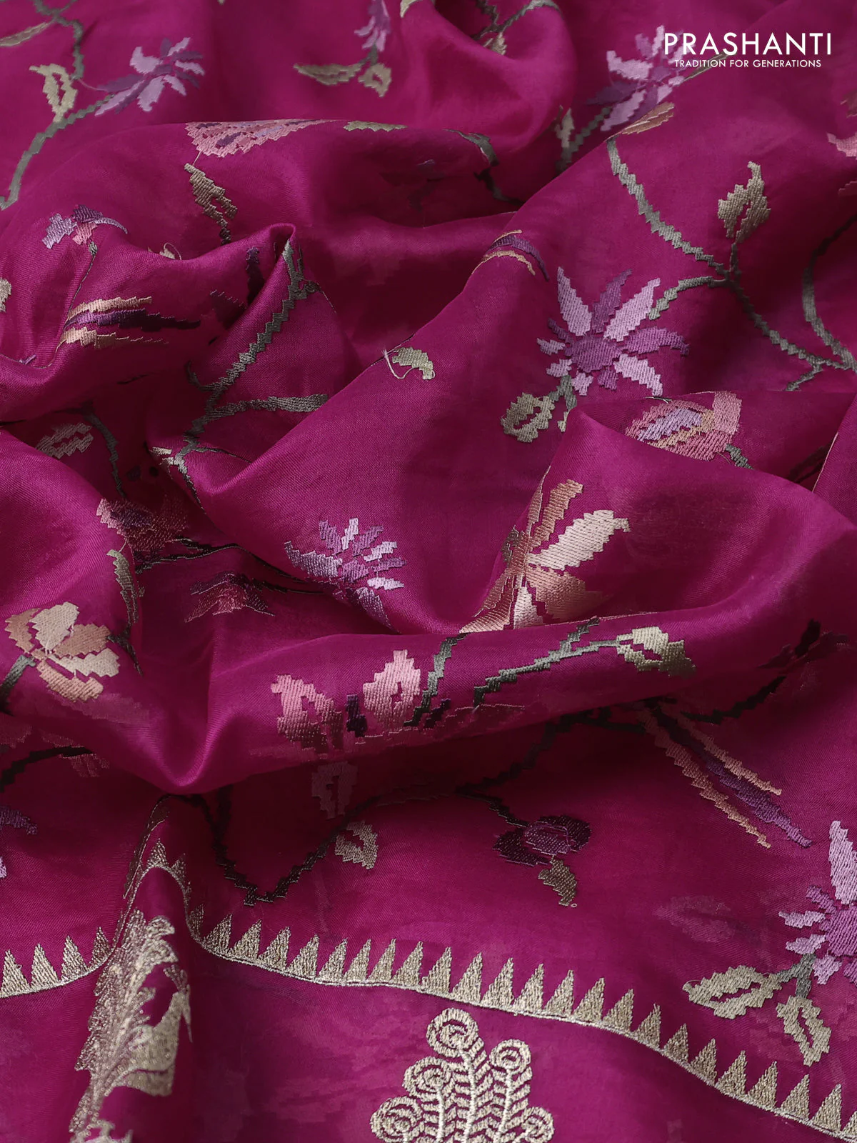Pure organza silk saree pink with allover embroidery and zari woven butta border - Image 3