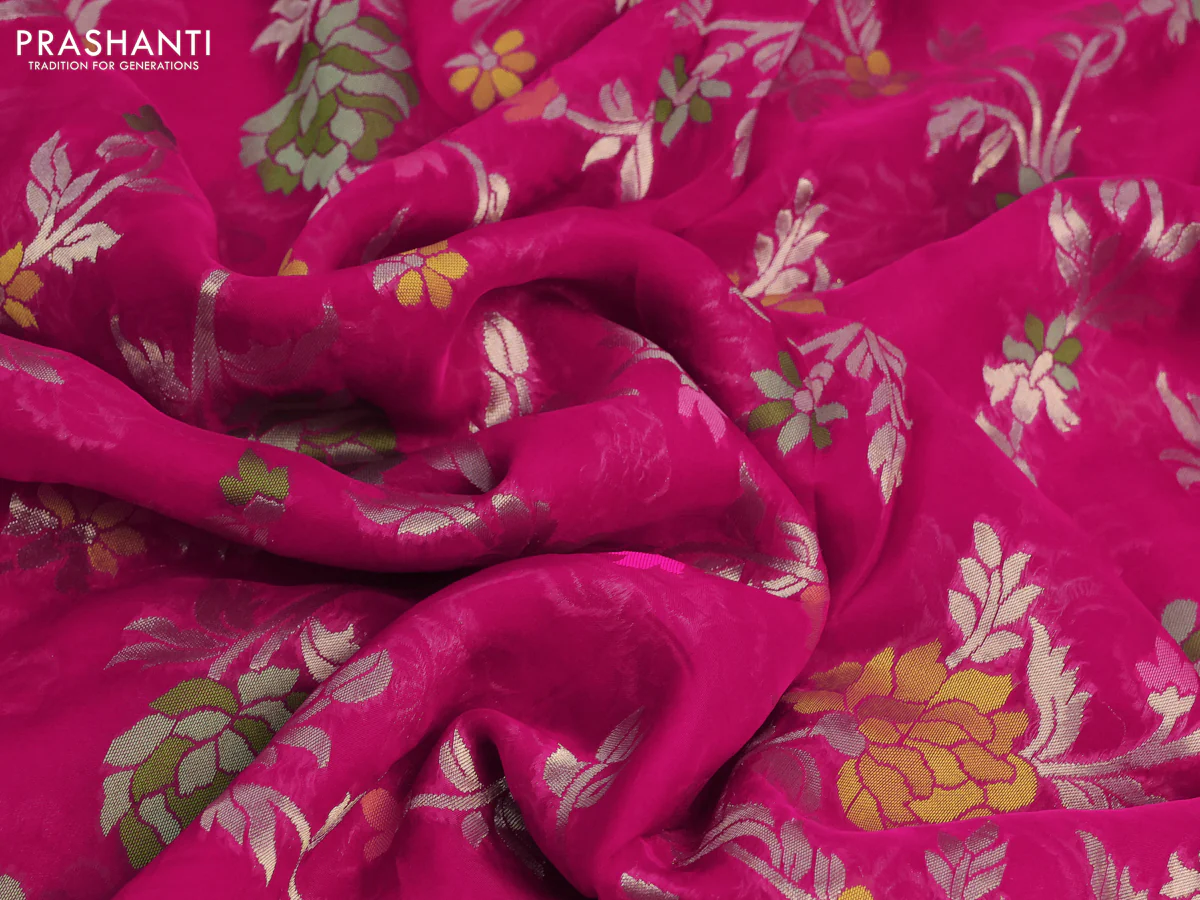 Pure organza silk saree pink with allover thread & zari weaves and gottapatti lace & mirror work border - Image 11