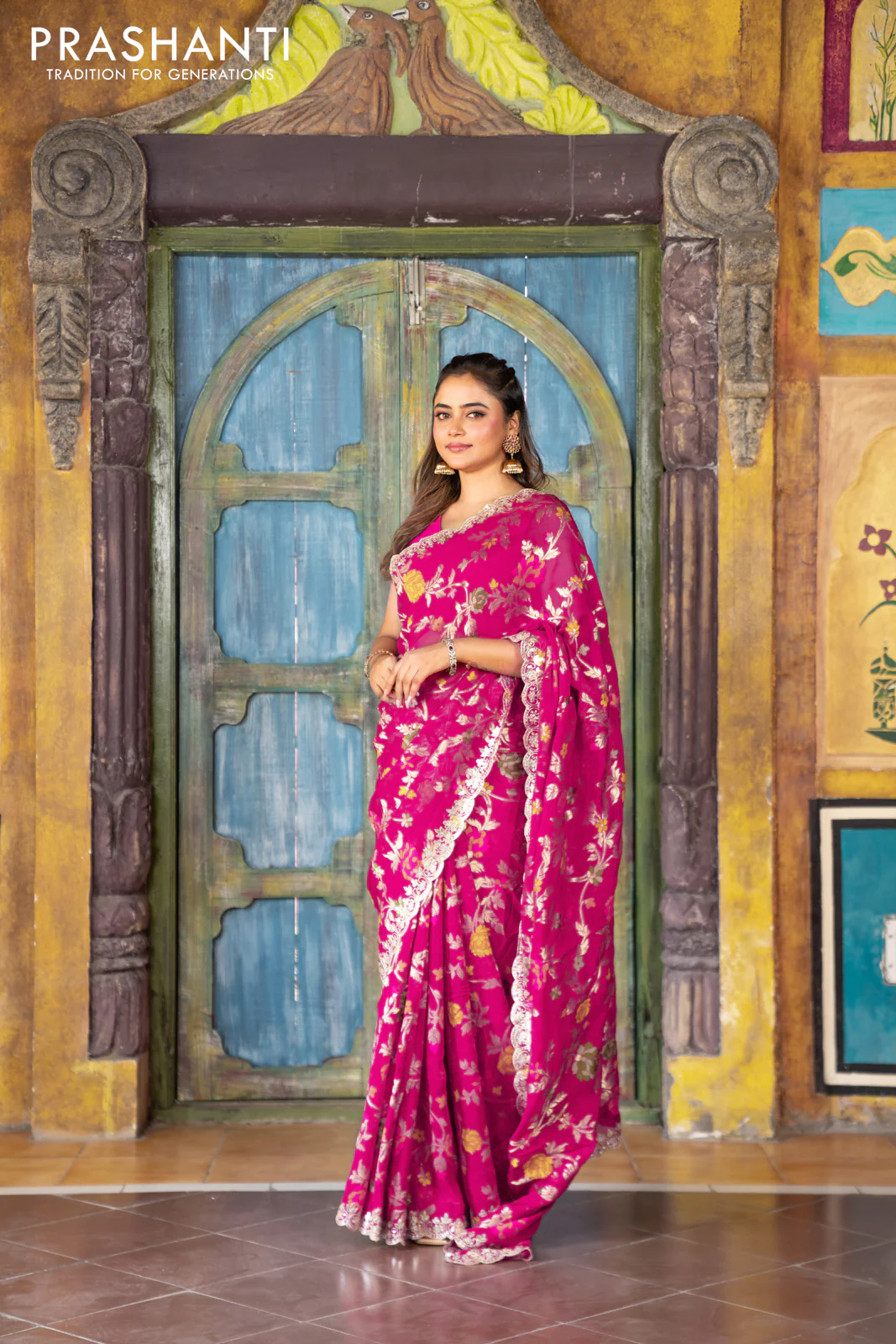 Pure organza silk saree pink with allover thread & zari weaves and gottapatti lace & mirror work border - Image 7