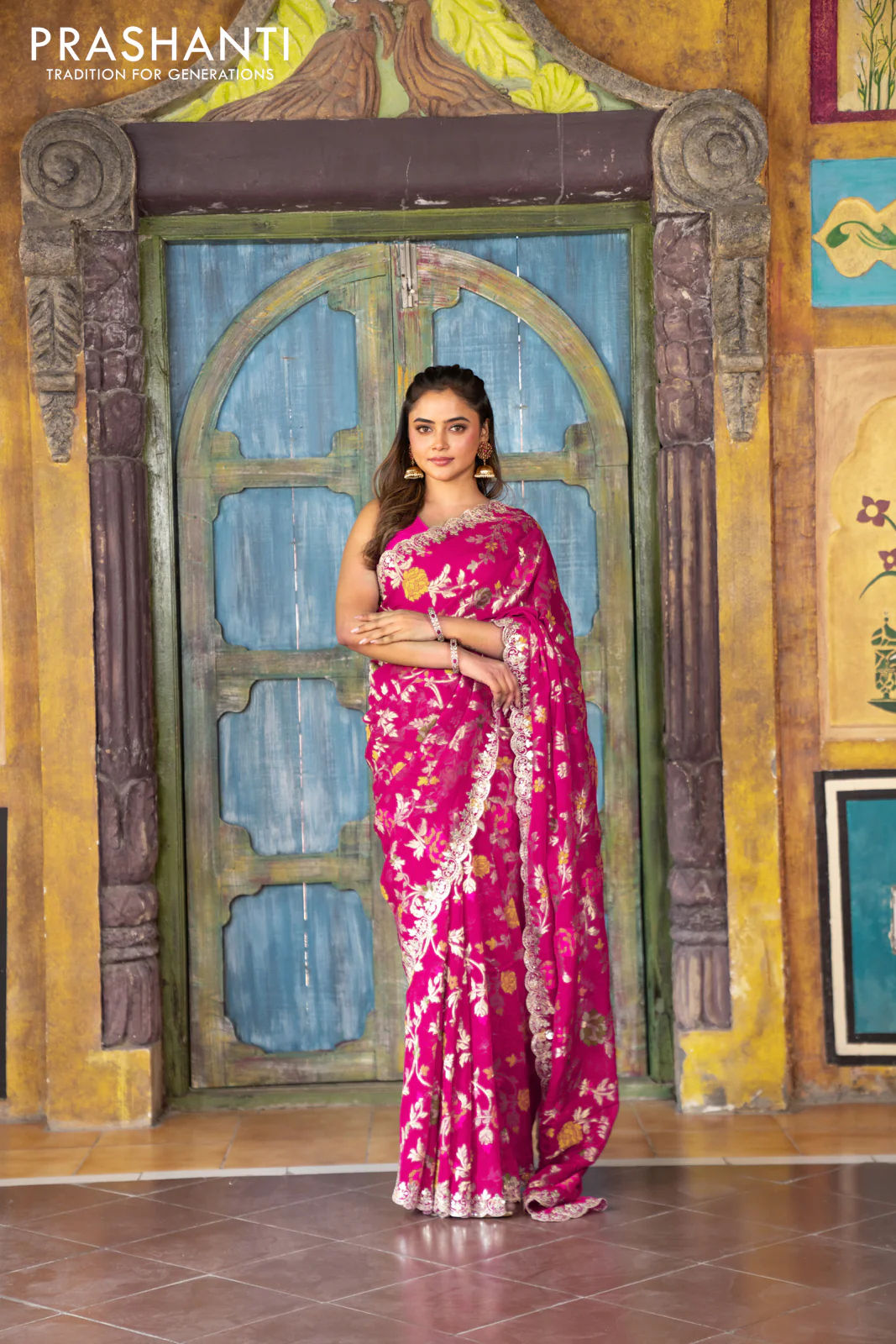 Pure organza silk saree pink with allover thread & zari weaves and gottapatti lace & mirror work border - Image 8