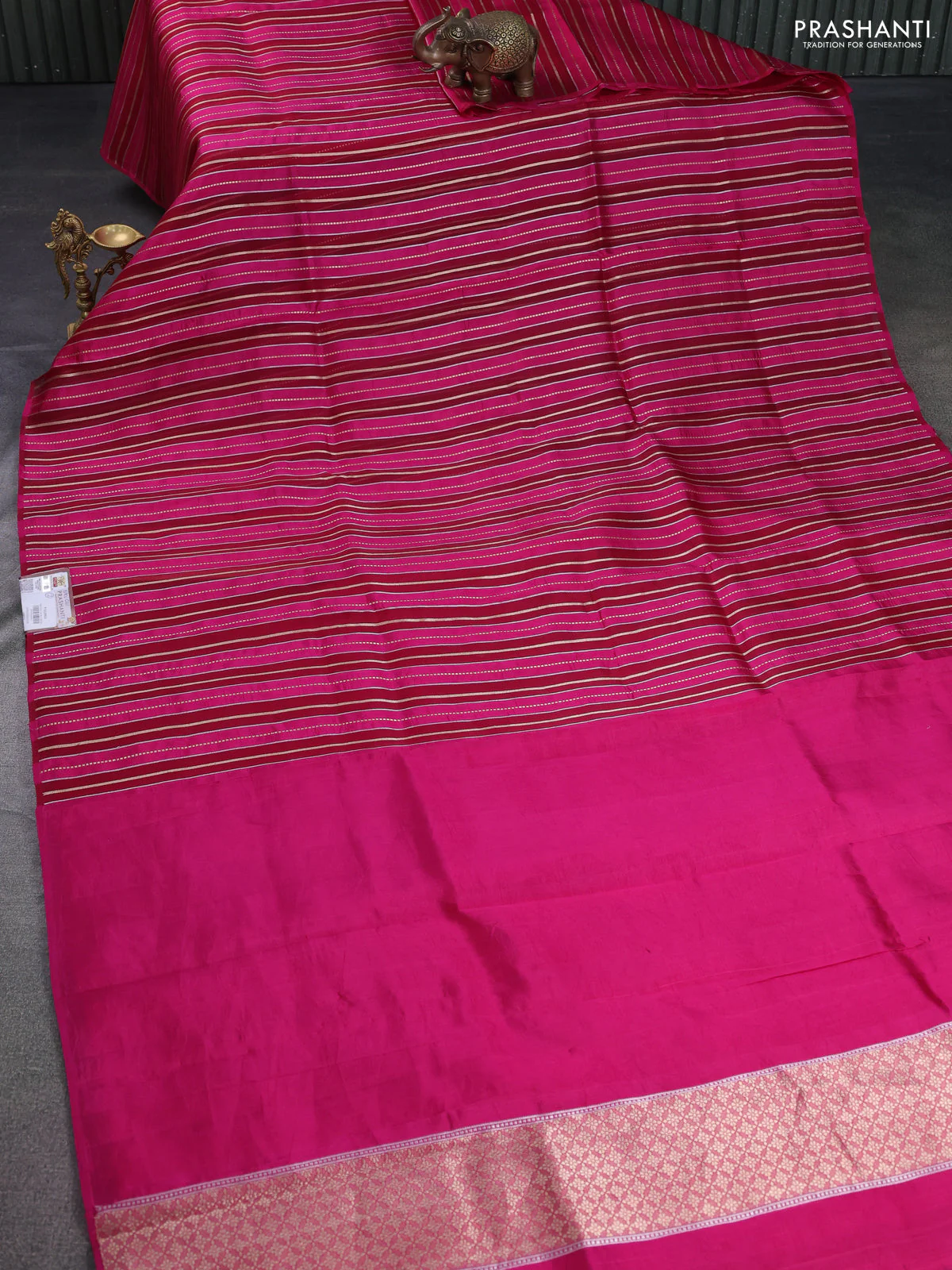 Pure organza silk saree pink with allover zari woven stripes pattern in borderless style - Image 2