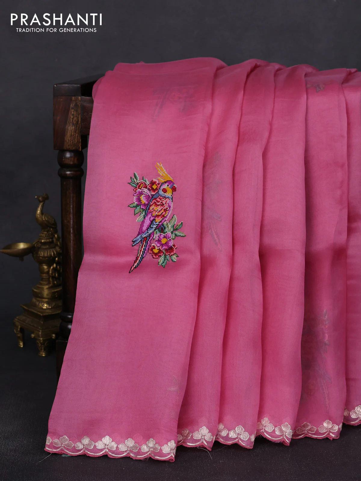 Pure organza silk saree pink with convent embroidery and embroidered border