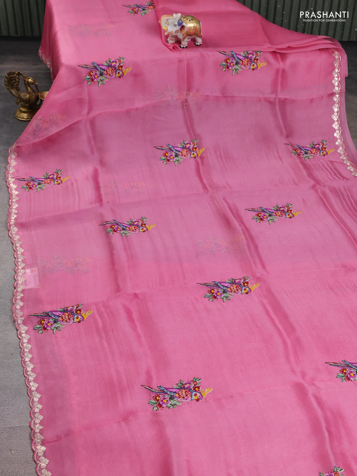 Pure organza silk saree pink with convent embroidery and embroidered border - Image 2