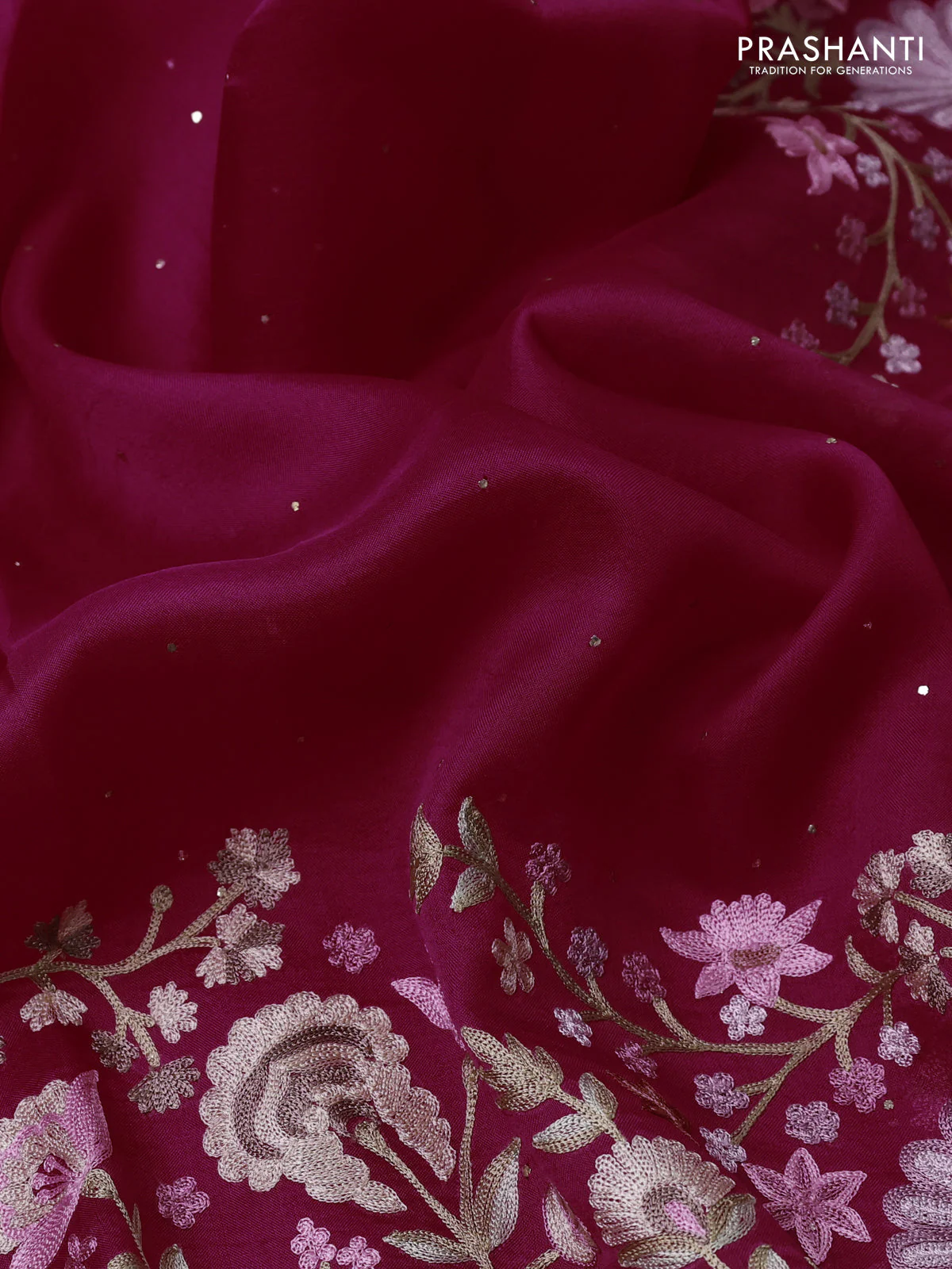 Pure organza silk saree pink with golden buttas and floral embroidery border - Image 3