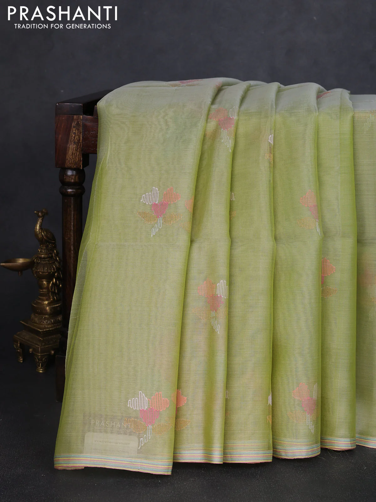 Pure organza silk saree pista green with allover embroidery sequin work