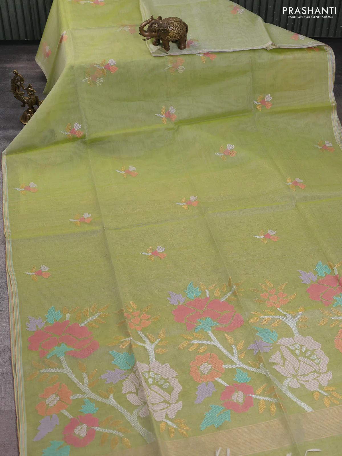 Pure organza silk saree pista green with allover embroidery sequin work - Image 2