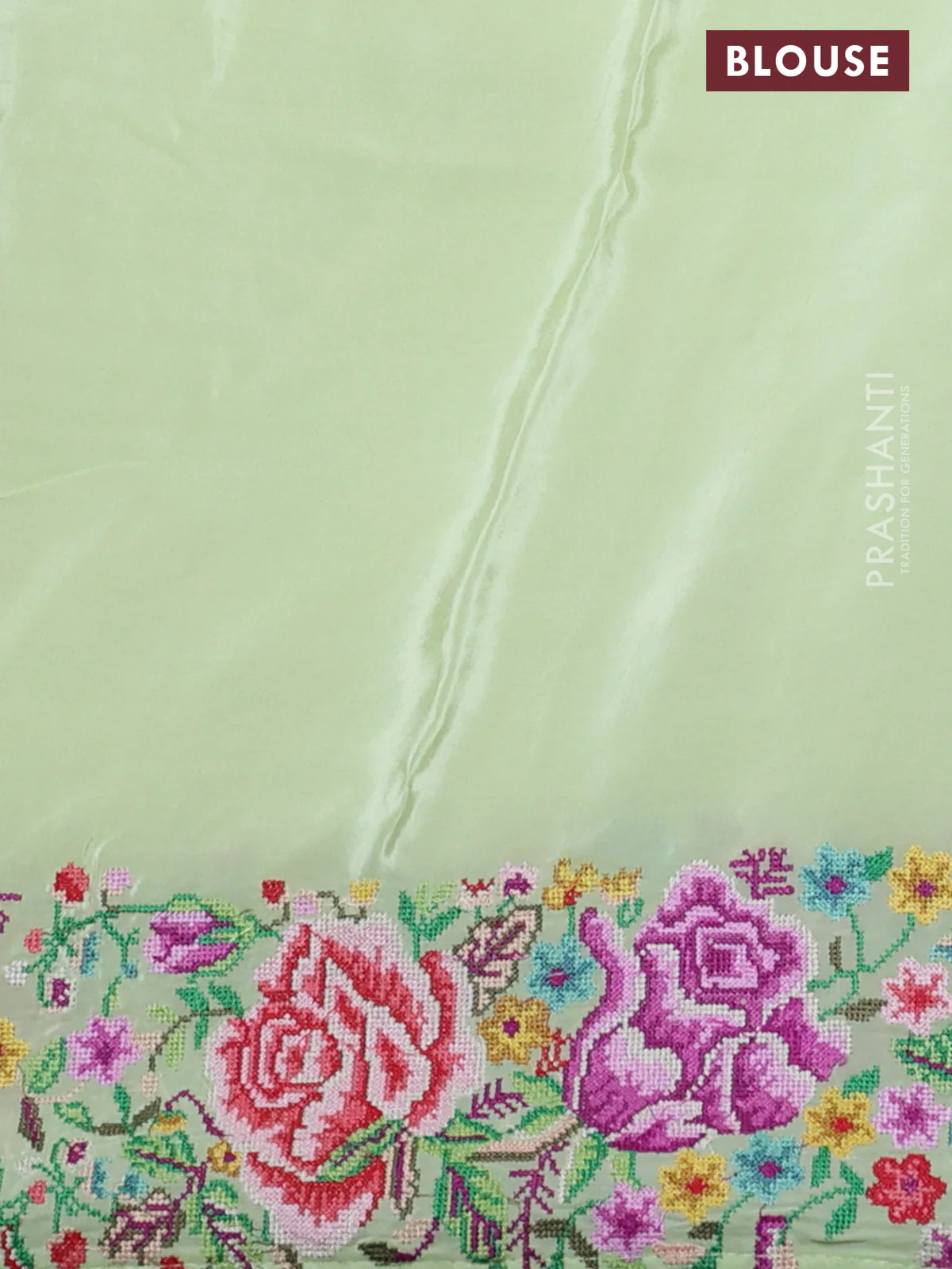 Pure organza silk saree pista green with embroidery buttas and petite embroidery border - Image 3