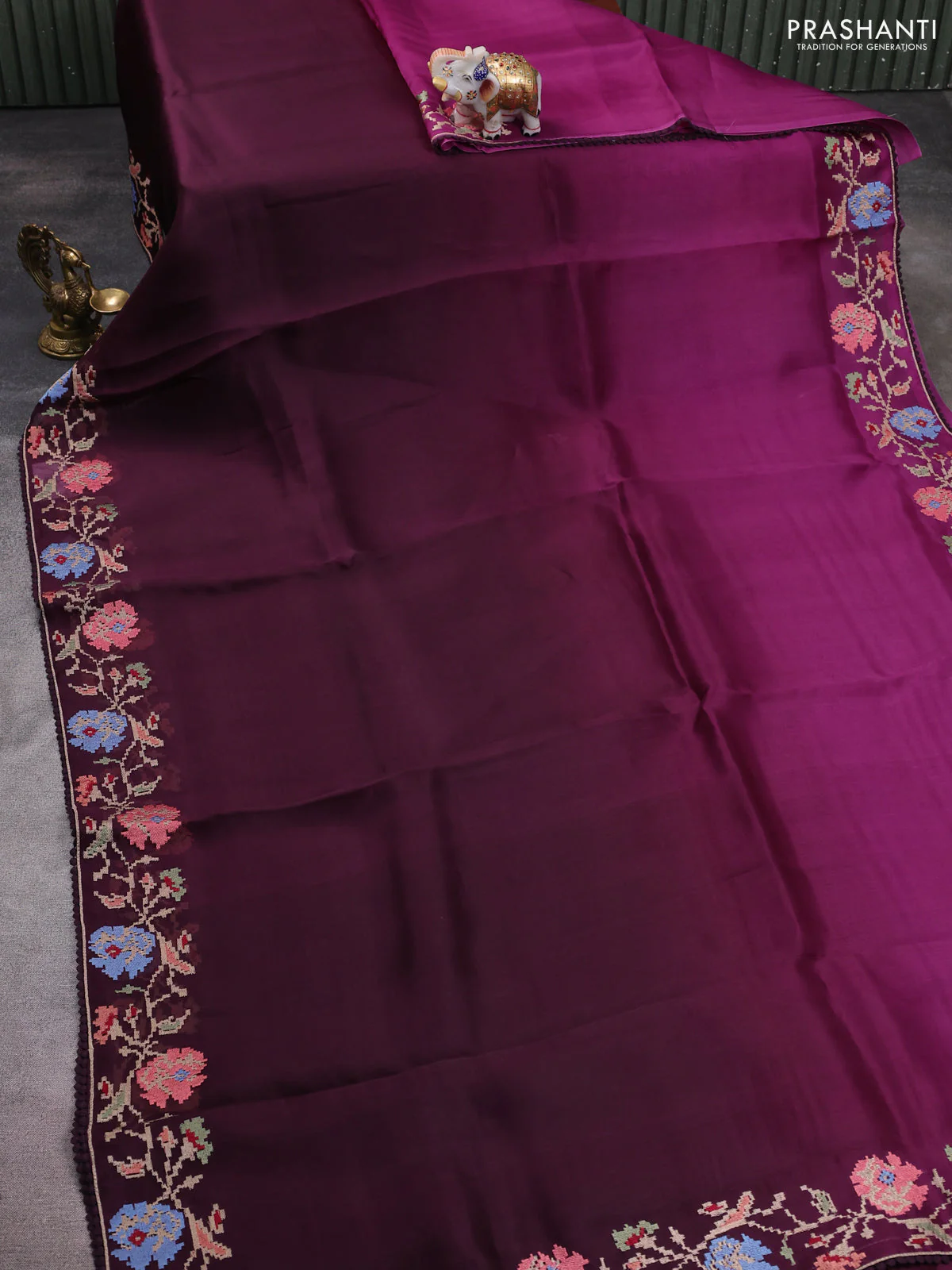 Pure organza silk saree purple and wine shade with plain body and floral embroidery border - Image 2
