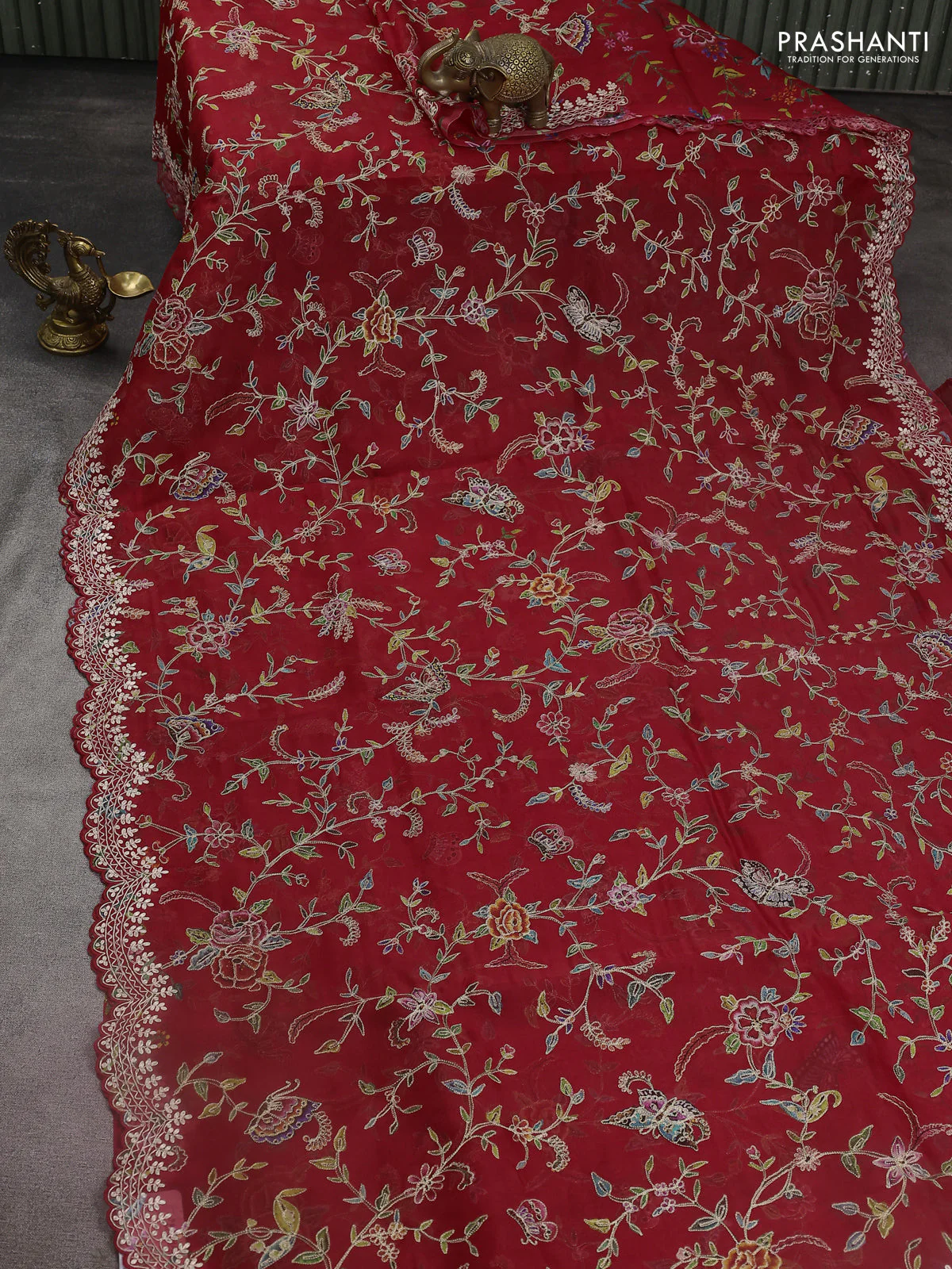 Pure organza silk saree red with allover prints & pita work and embroidery border - Image 2