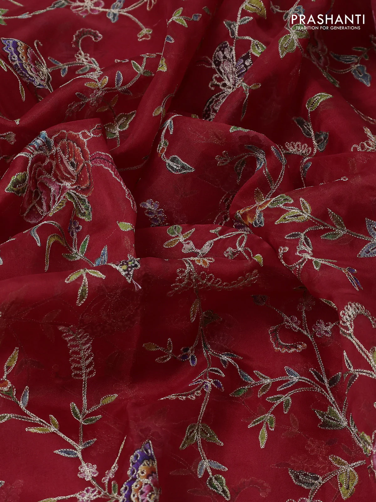 Pure organza silk saree red with allover prints & pita work and embroidery border - Image 3