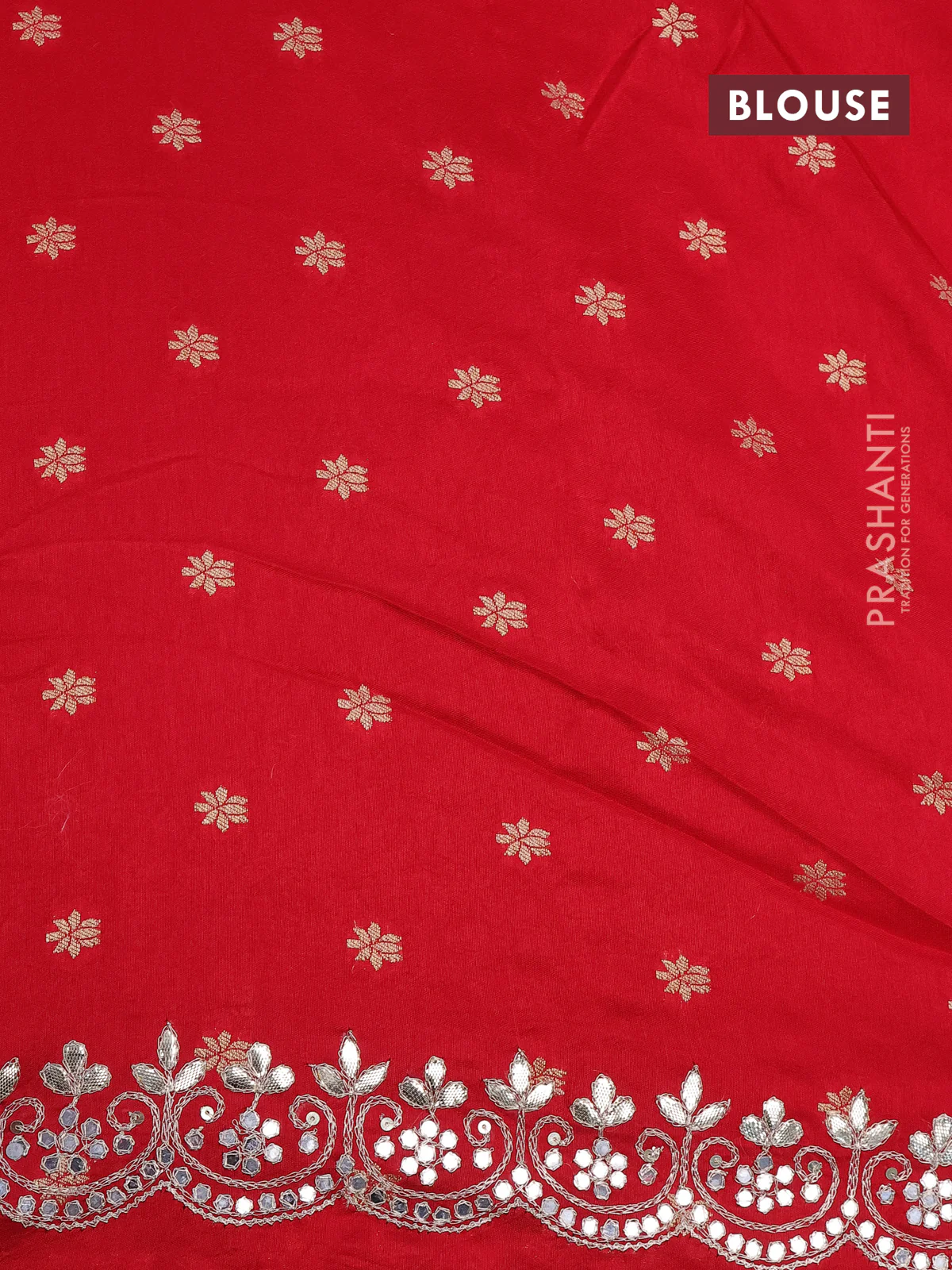 Pure organza silk saree red with allover thread & zari weaves and gottapatti lace & mirror work border - Image 10