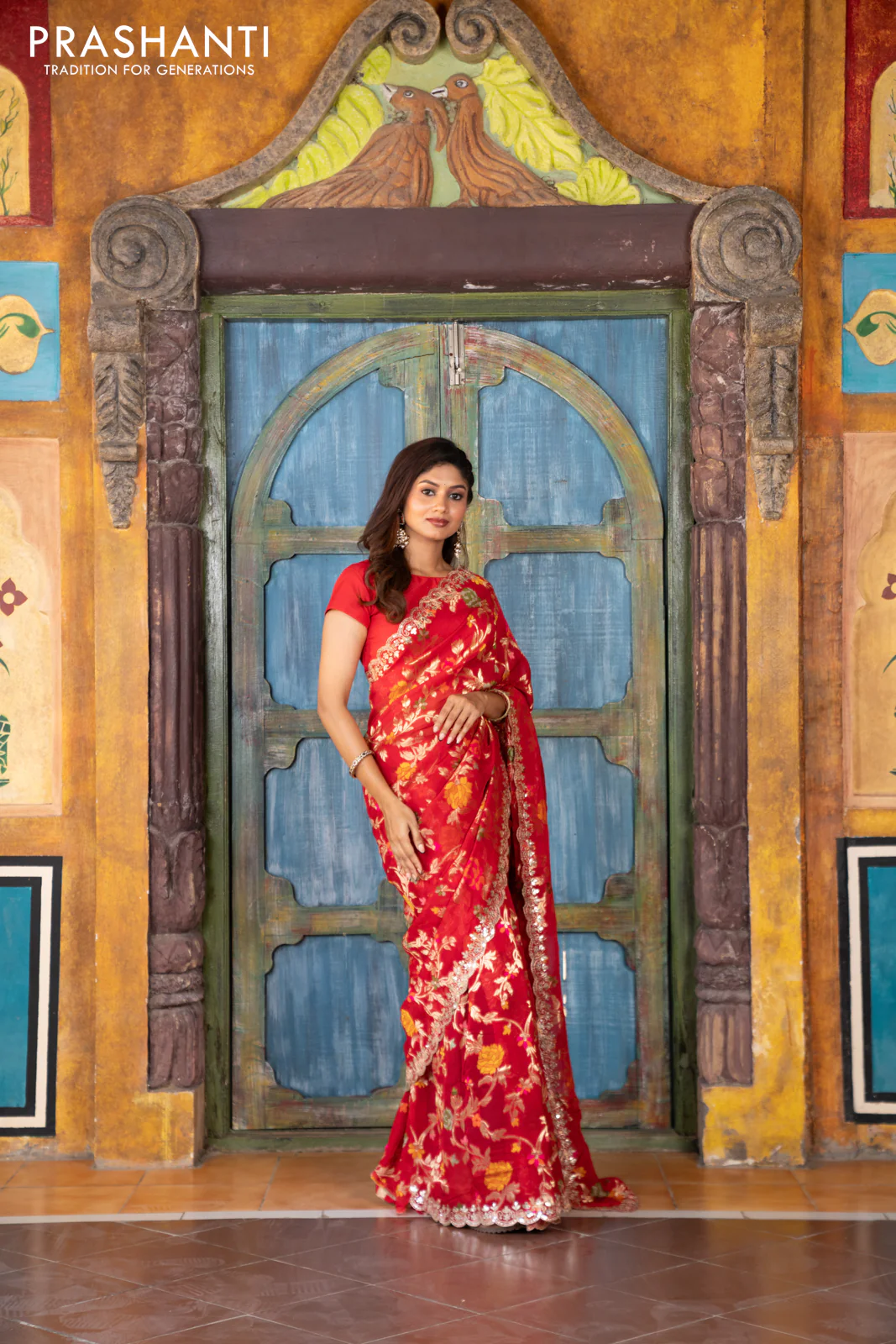 Pure organza silk saree red with allover thread & zari weaves and gottapatti lace & mirror work border - Image 3