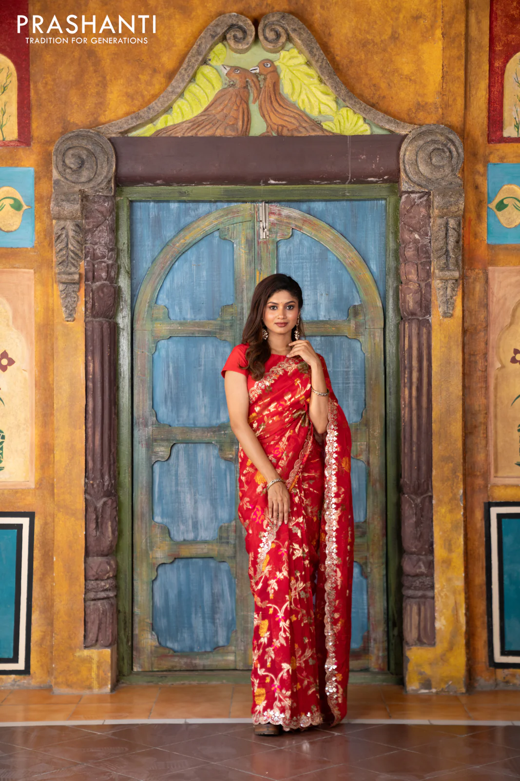 Pure organza silk saree red with allover thread & zari weaves and gottapatti lace & mirror work border - Image 4