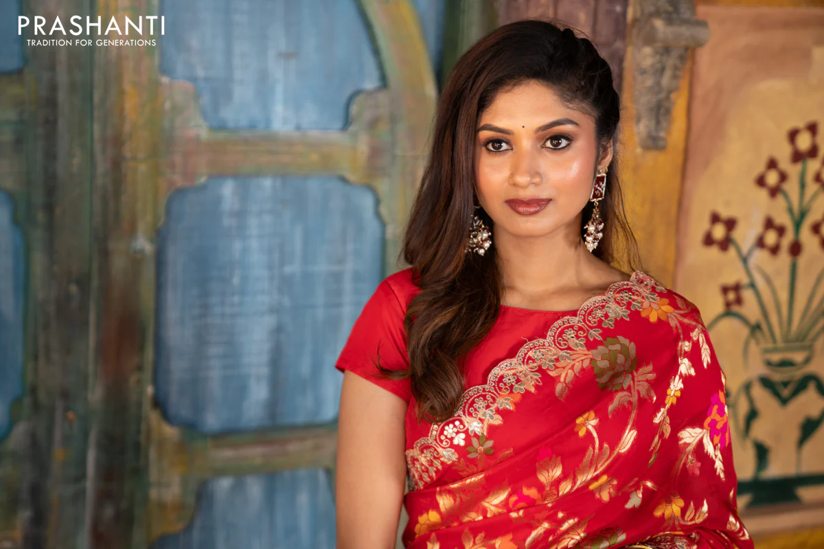 Pure organza silk saree red with allover thread & zari weaves and gottapatti lace & mirror work border - Image 6