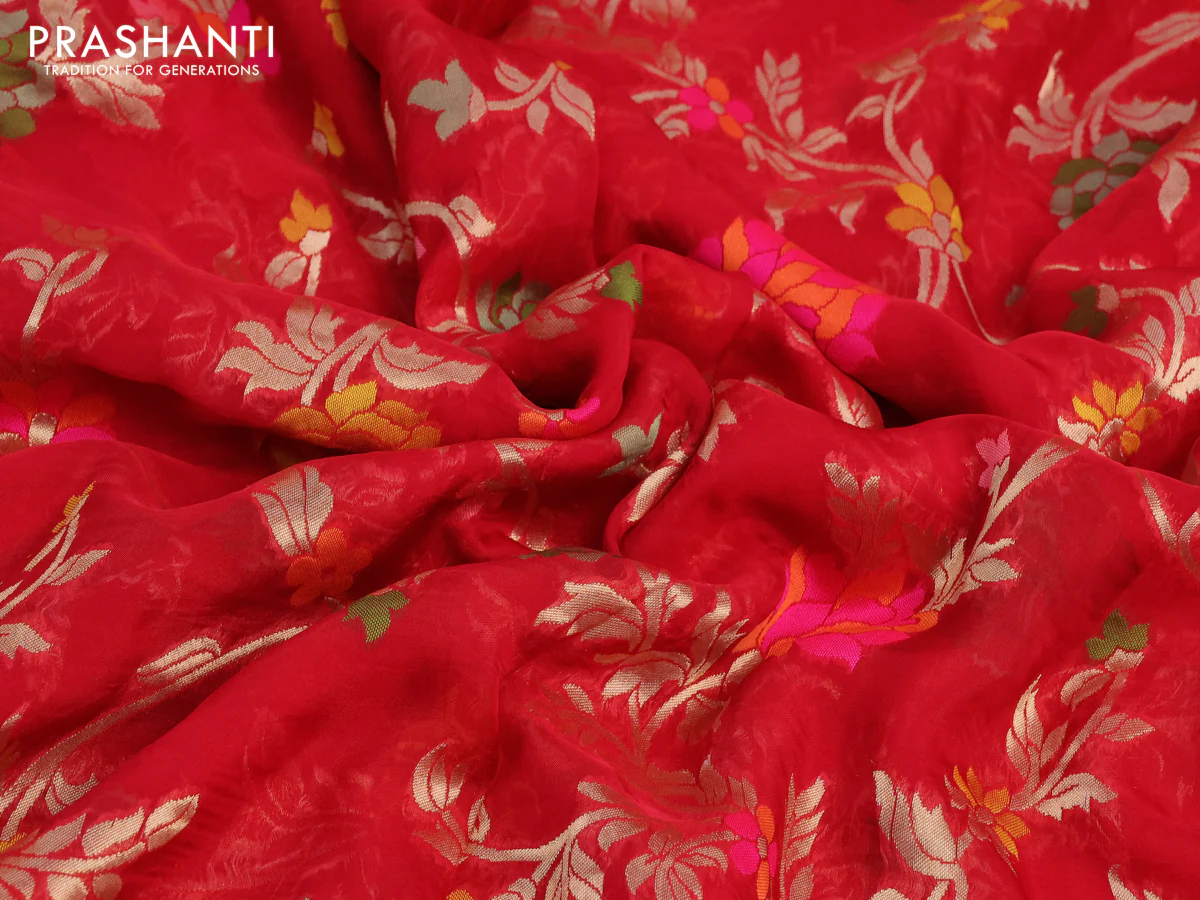 Pure organza silk saree red with allover thread & zari weaves and gottapatti lace & mirror work border - Image 7