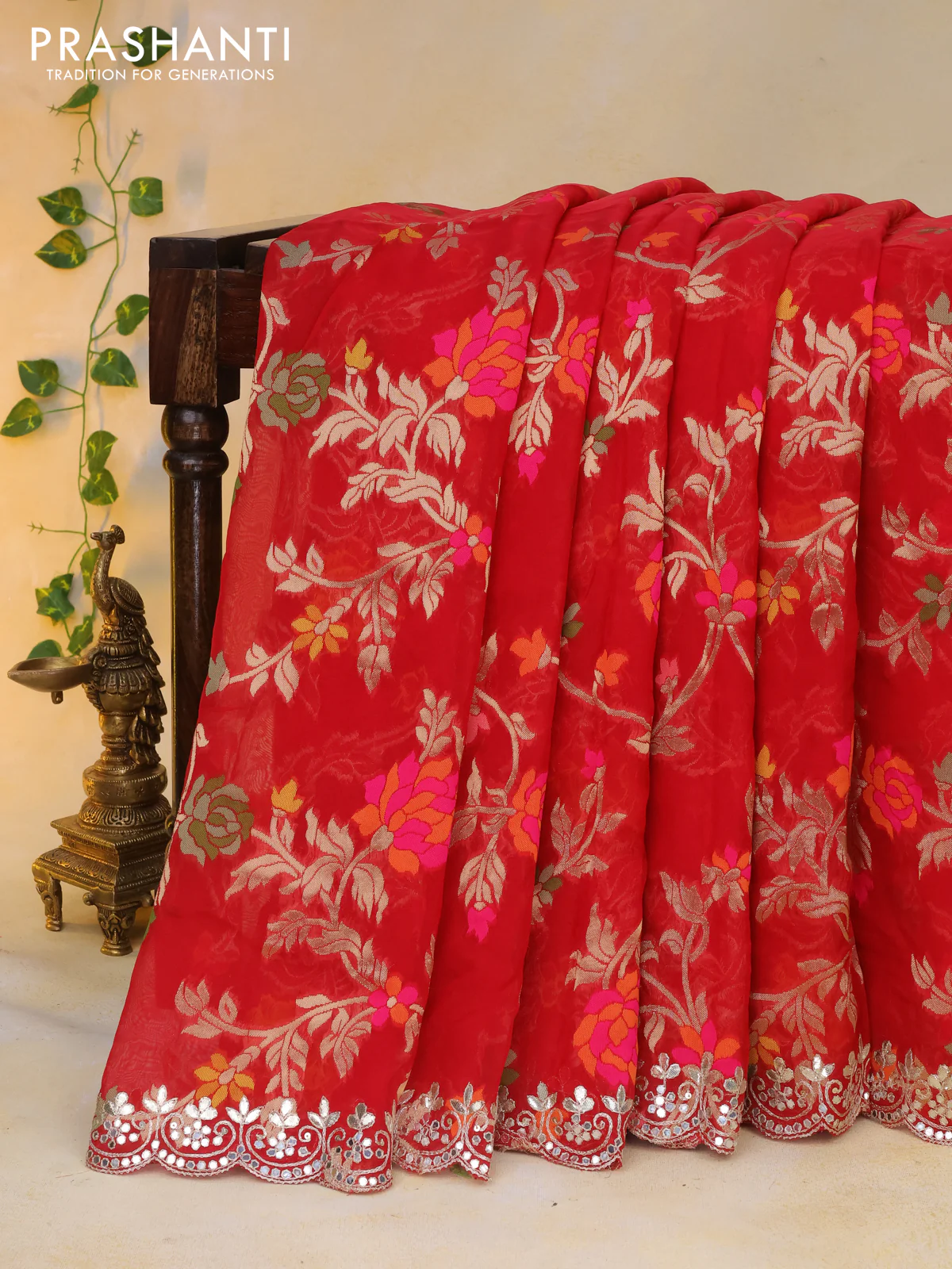 Pure organza silk saree red with allover thread & zari weaves and gottapatti lace & mirror work border - Image 8