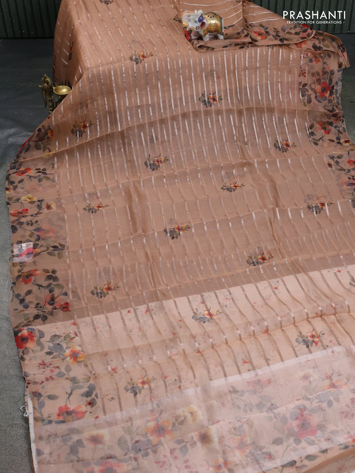 Pure organza silk saree rust shade with allover zari strip & floral digital prints and floral digital printed border - Image 2