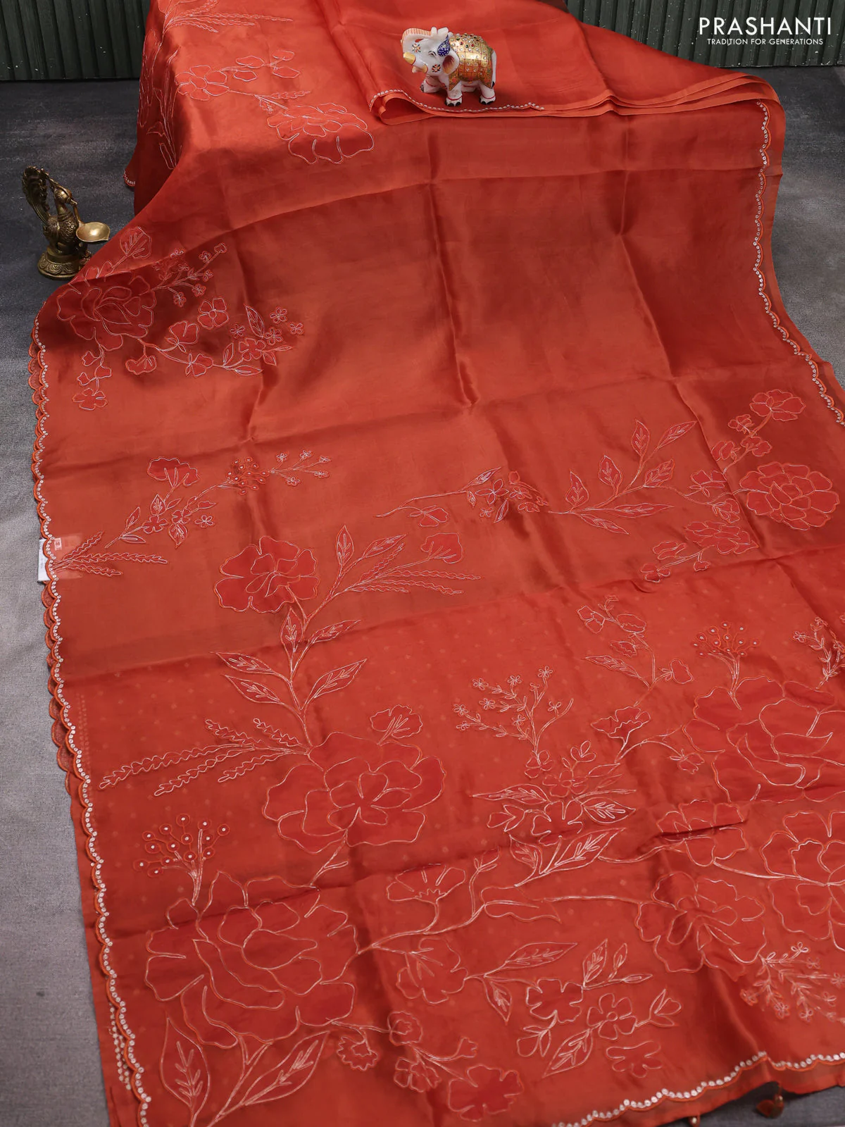 Pure organza silk saree rust shade with floral embroidery work and scalp border - Image 2