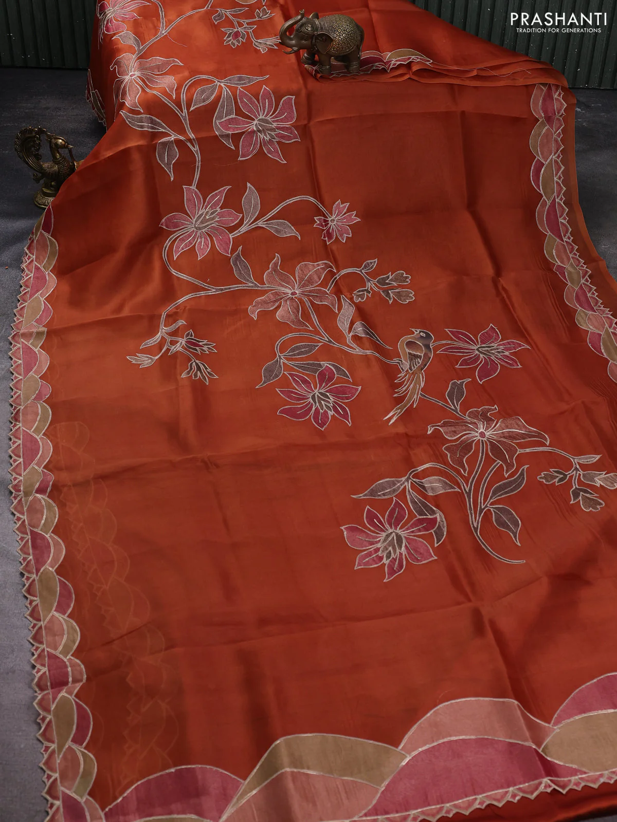 Pure organza silk saree rust shade with prints & pita work - Image 2