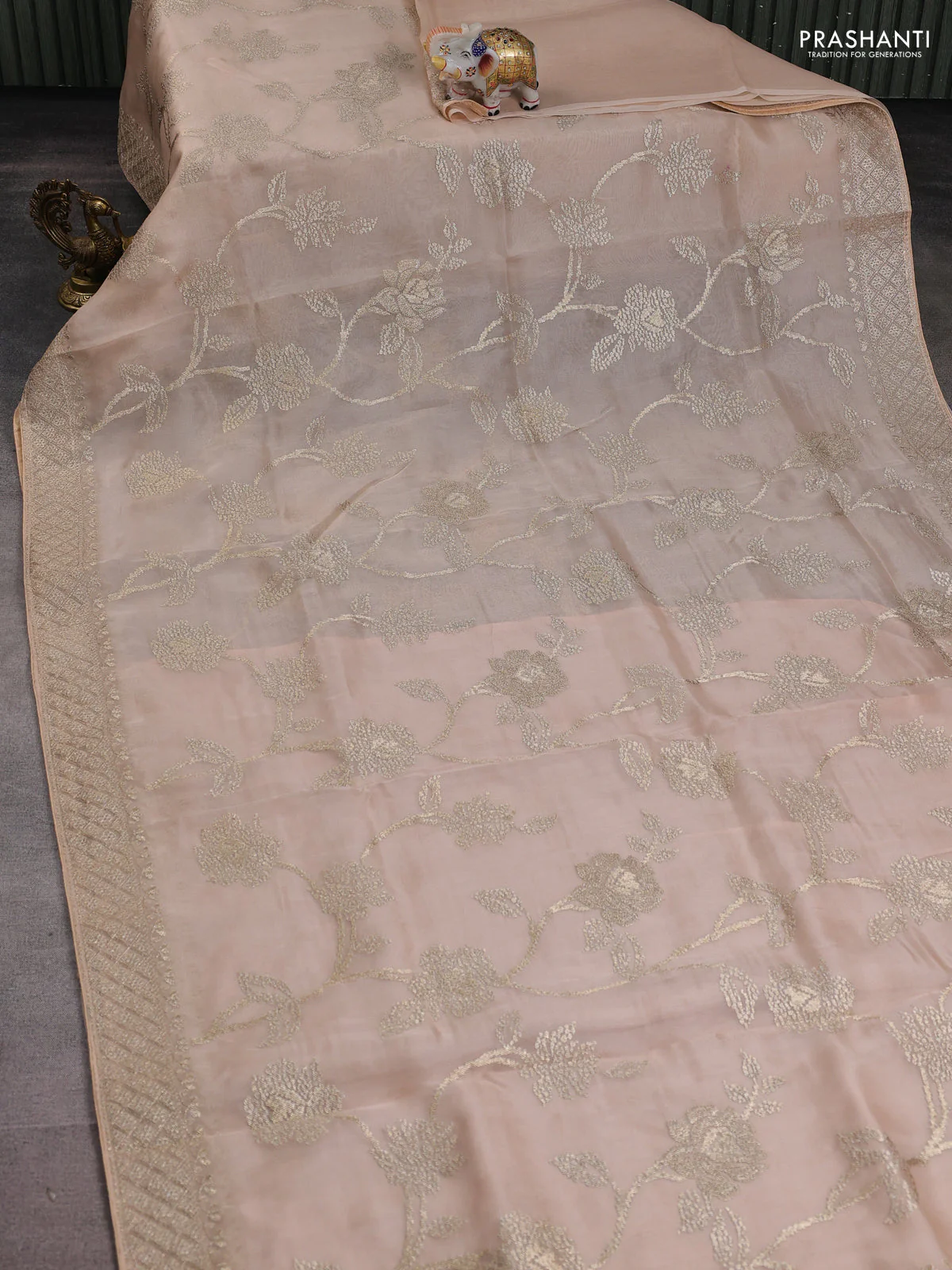Pure organza silk saree sandal with allover embroidery work and embroidered border - Image 2