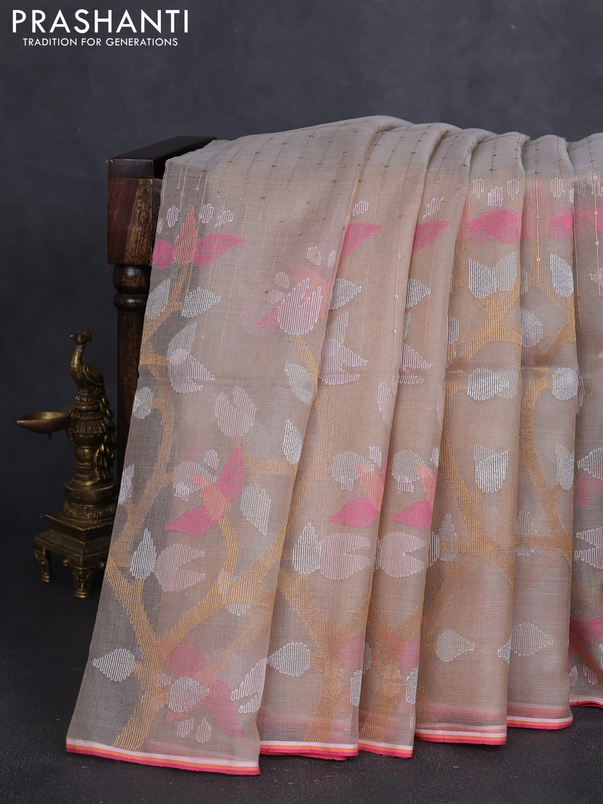 Pure organza silk saree sandal with jamdhani weaves and sequin border