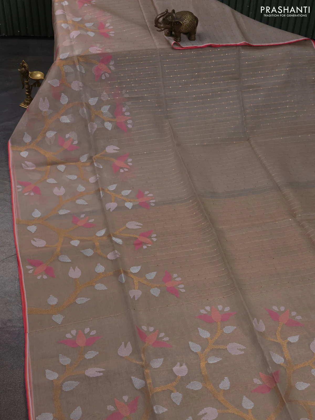 Pure organza silk saree sandal with jamdhani weaves and sequin border - Image 2
