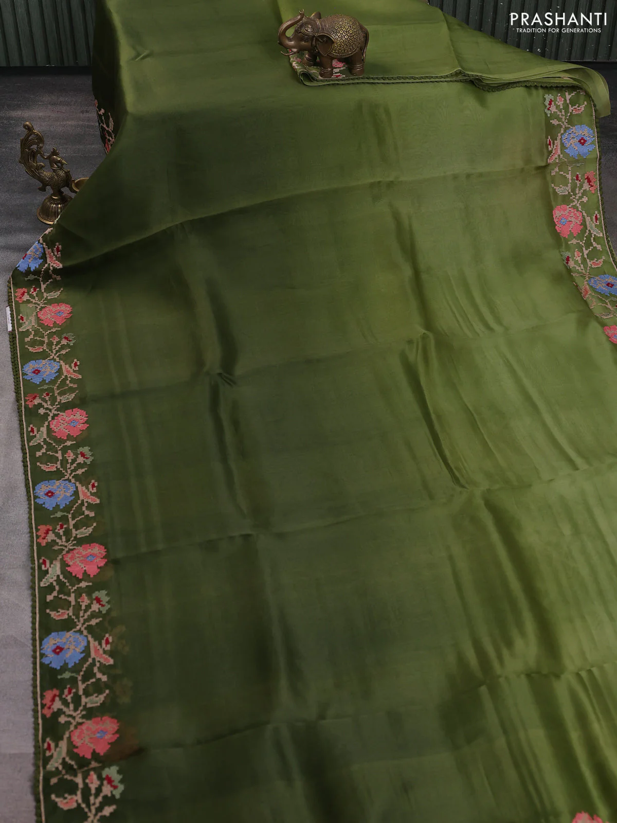 Pure organza silk saree sap green with plain body and floral embroidery border - Image 2