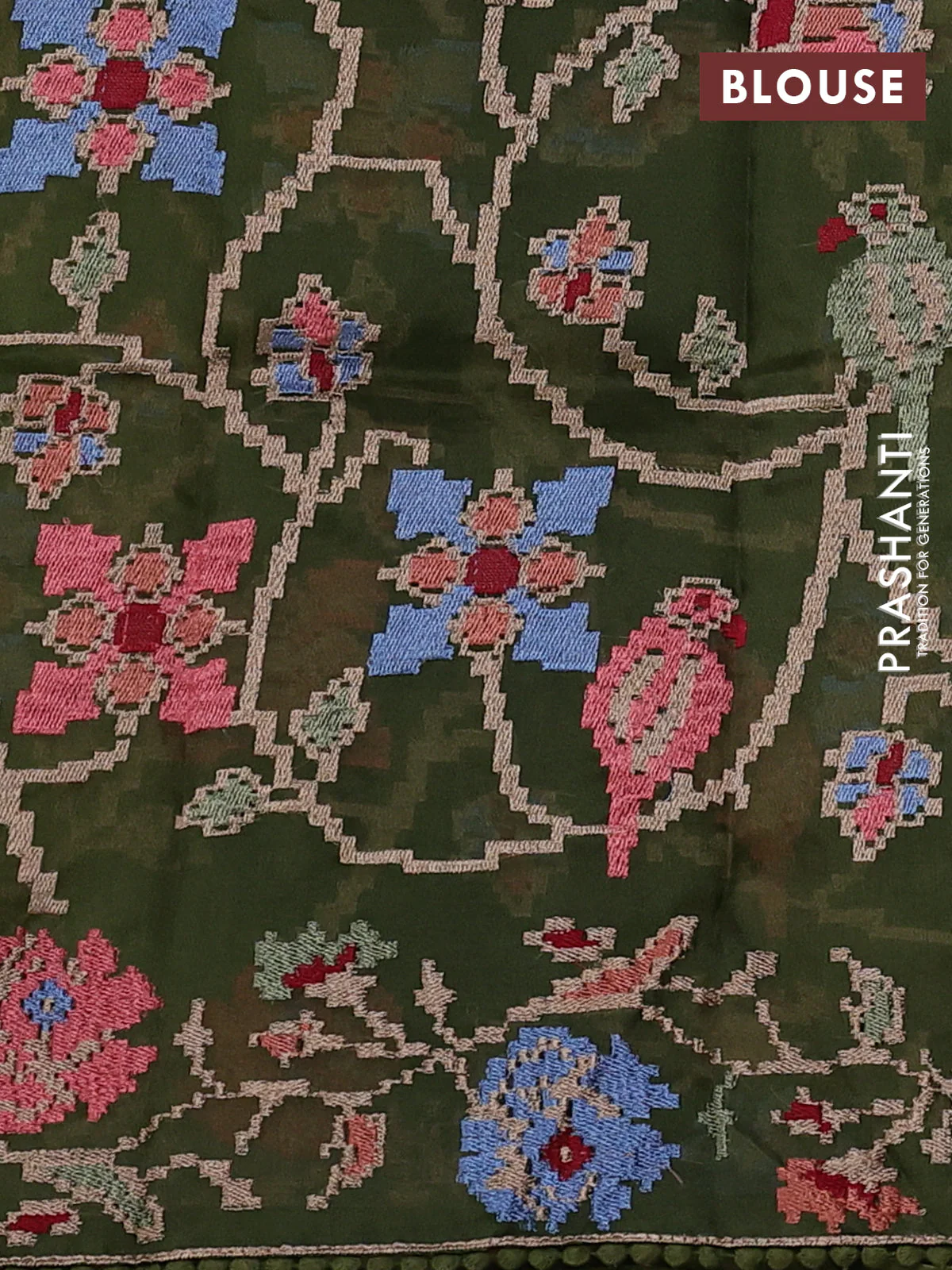 Pure organza silk saree sap green with plain body and floral embroidery border - Image 3