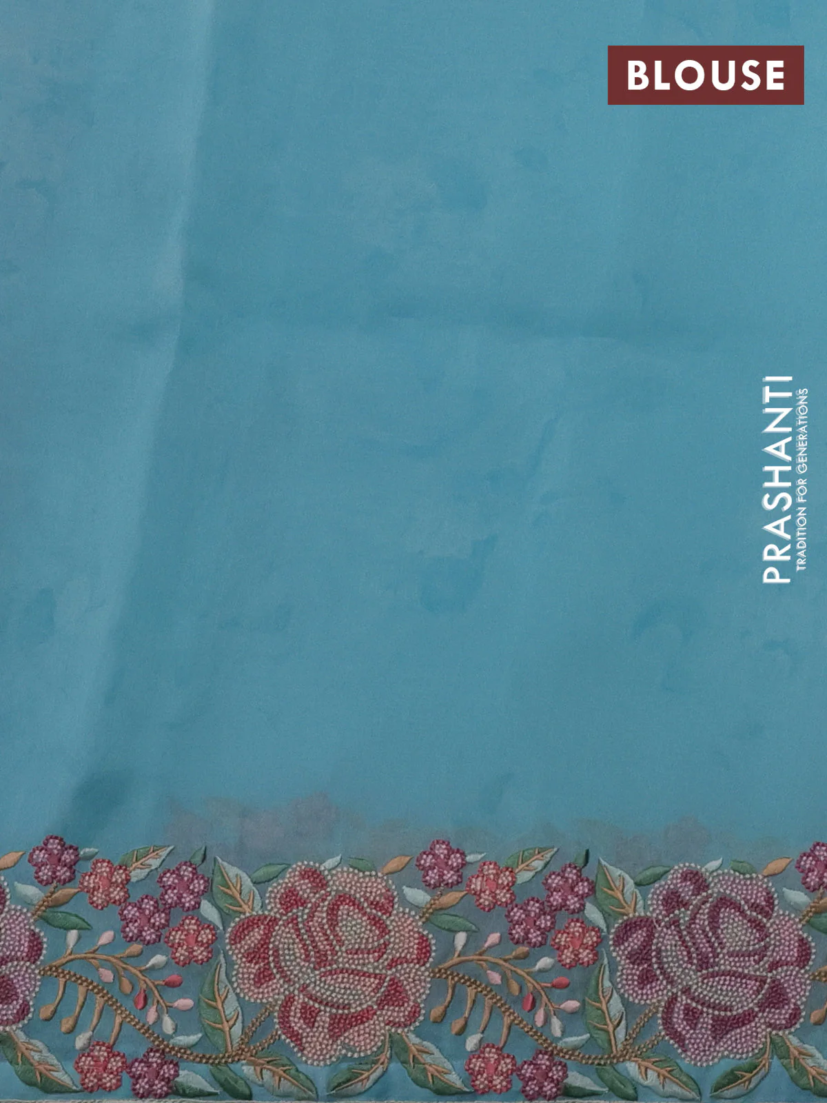 Pure organza silk saree teal blue with floral prints and floral embroidery border - Image 3