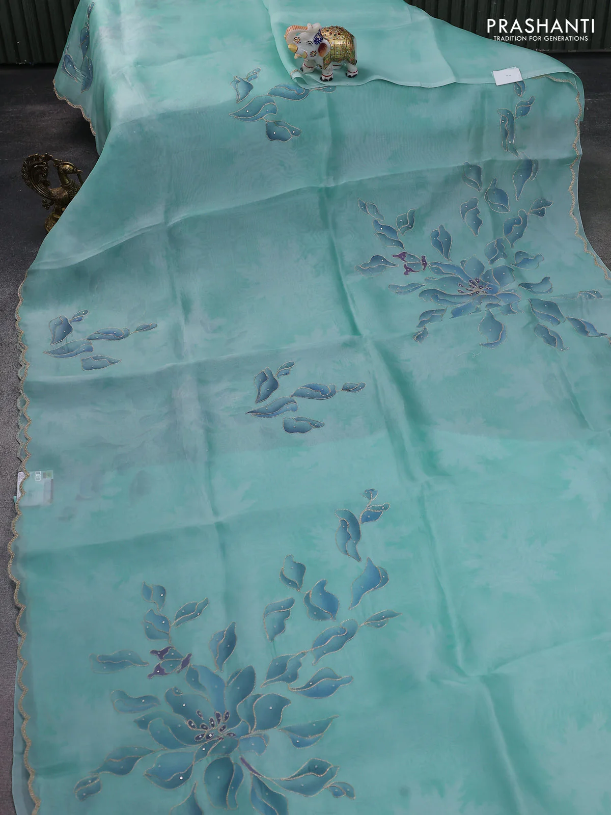 Pure organza silk saree teal blue with prints & pita work and embroidery scallop border - Image 2