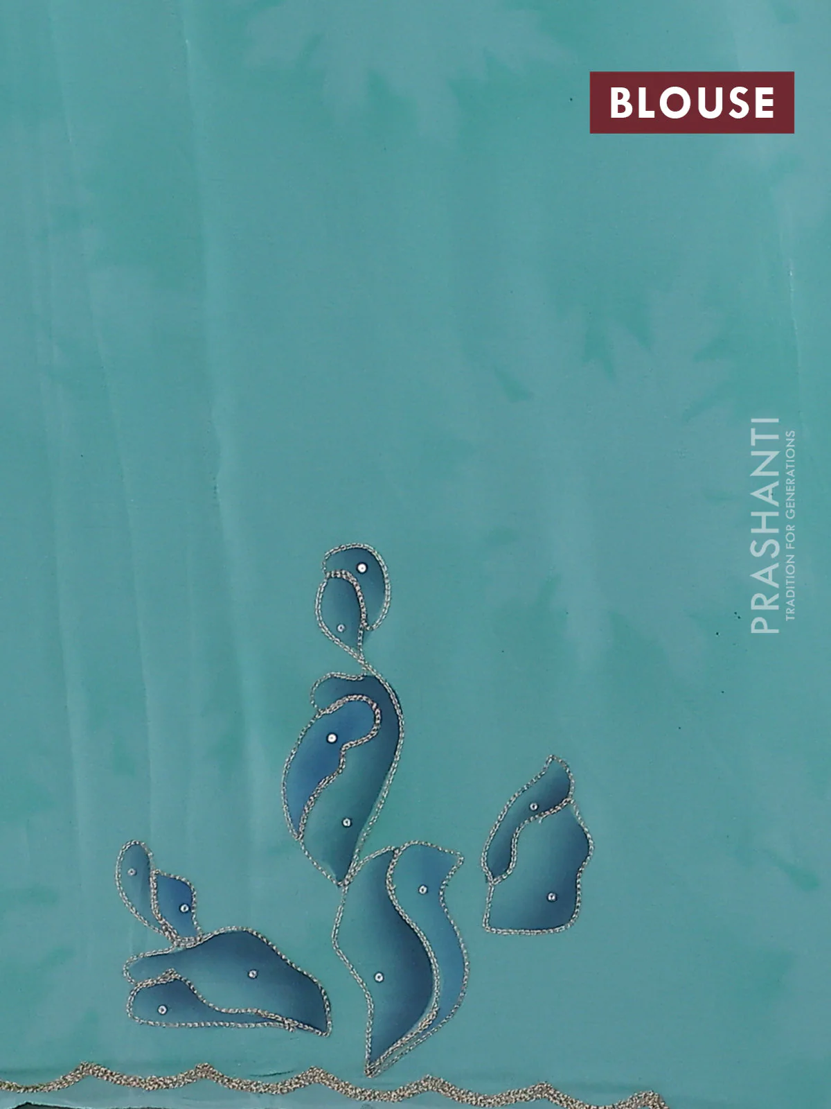 Pure organza silk saree teal blue with prints & pita work and embroidery scallop border - Image 3