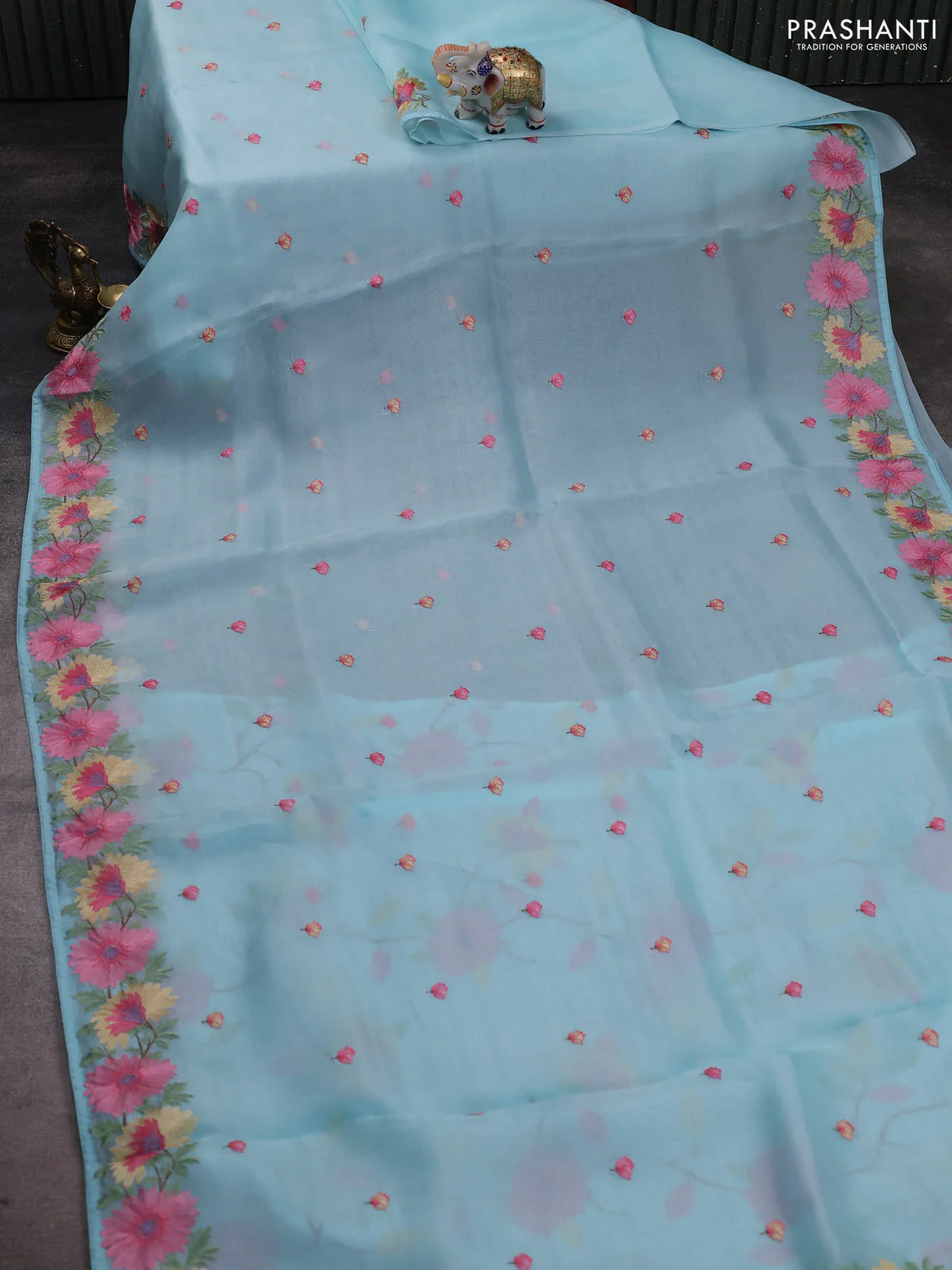 Pure organza silk saree teal blue with thread woven embroidery buttas and floral embroidery border - Image 2