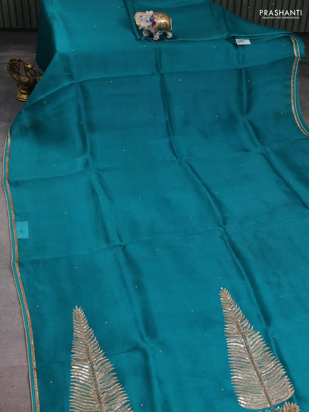 Pure organza silk saree teal green with embroidery zari buttas and sequin embroidered border - Image 2
