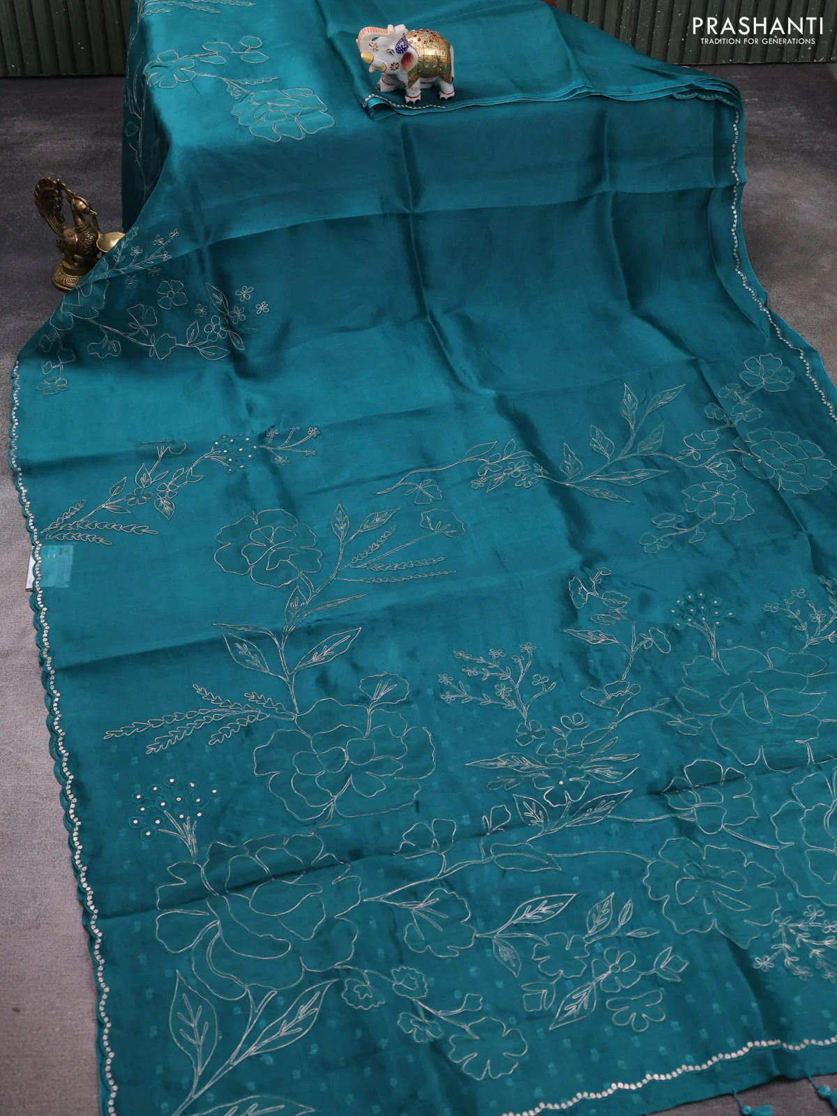 Pure organza silk saree teal green with floral embroidery & pita work - Image 2