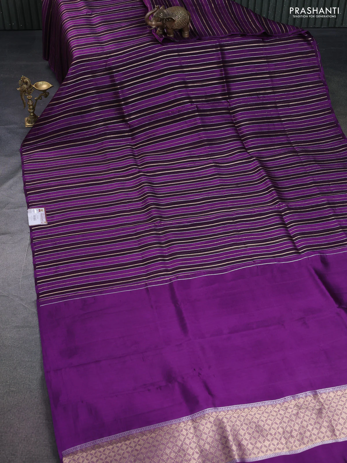 Pure organza silk saree violet and purple with allover zari woven stripes pattern in borderless style - Image 2