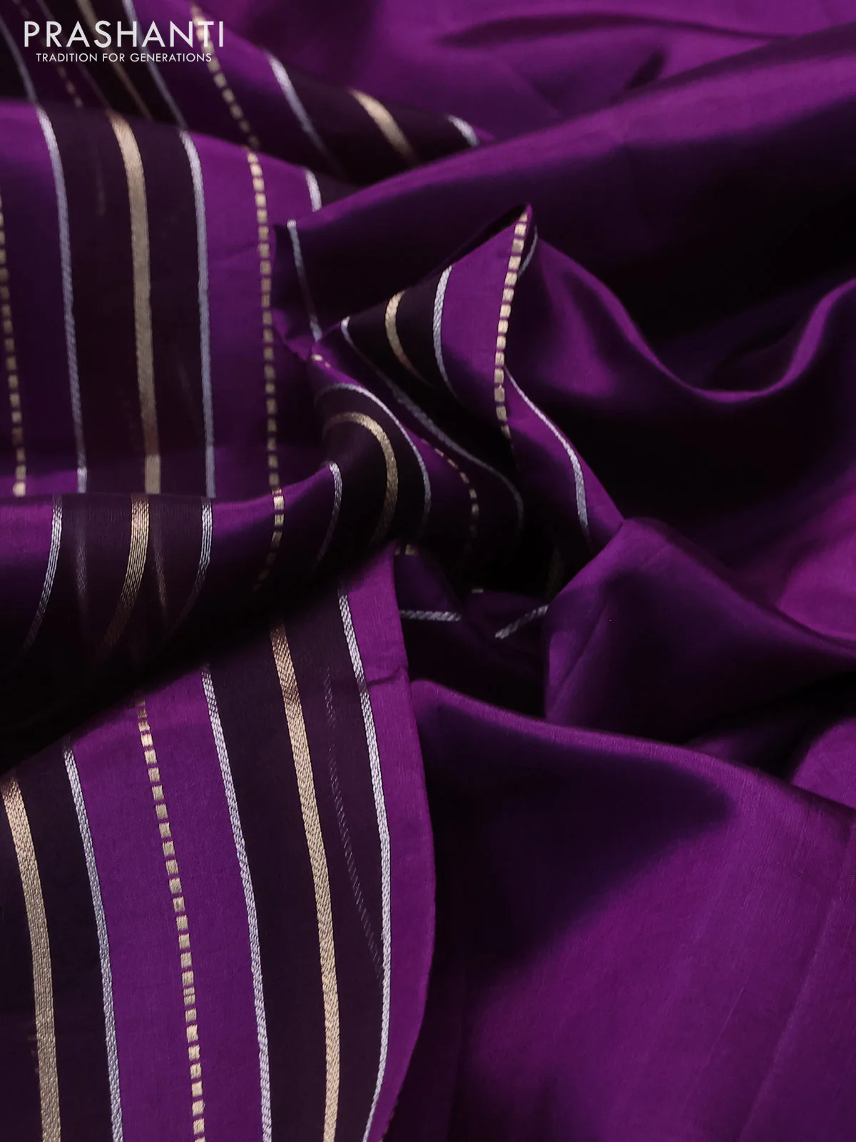 Pure organza silk saree violet and purple with allover zari woven stripes pattern in borderless style - Image 3